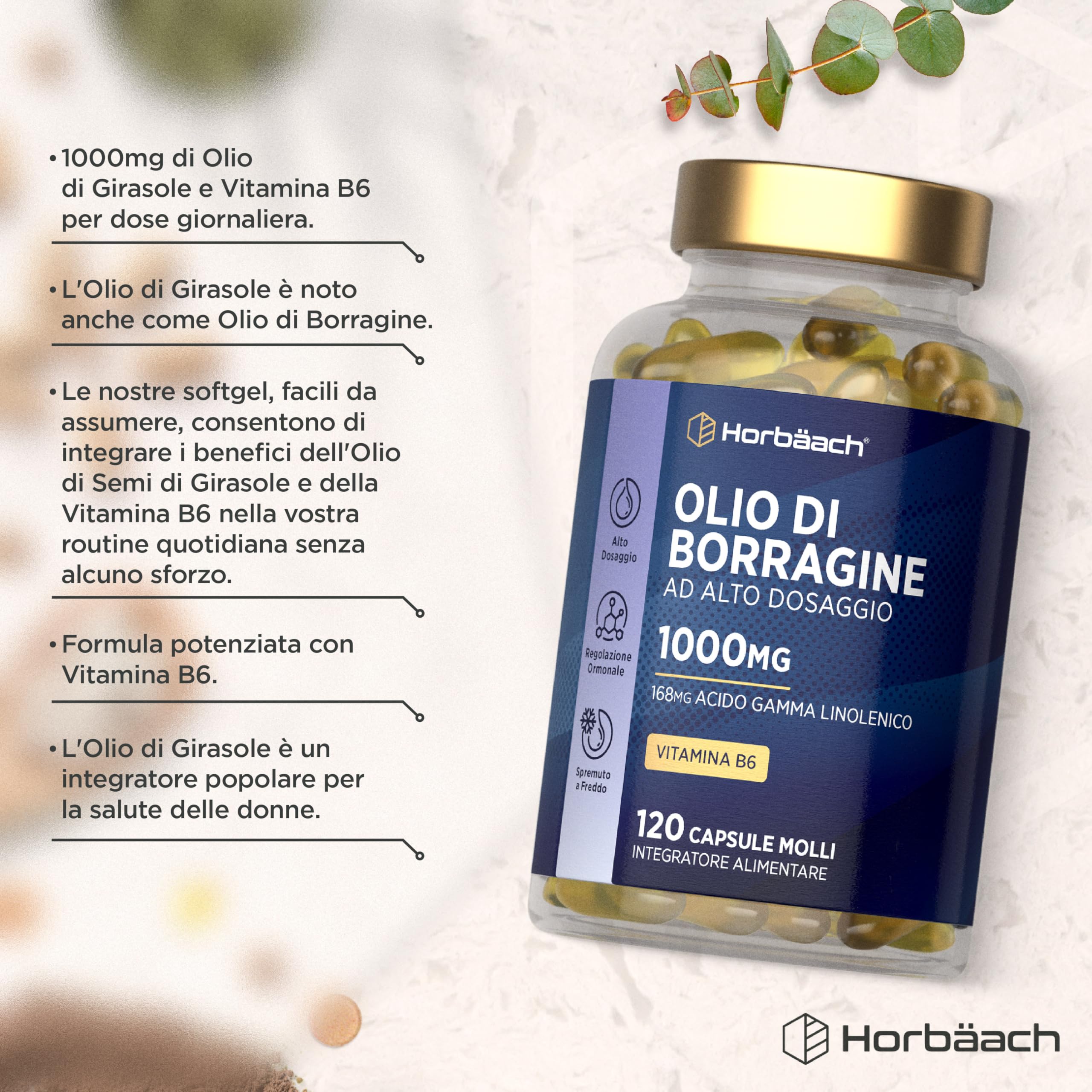 Olio di Borragine 1000mg | 120 Perle per 4 Mesi | Olio di Semi di Borragine e Vitamina B6 | 168mg di Acido Gamma Linoleico GLA per Capsula | Integratore Alimentare Starflower Oil Vitamin B6 | Horbaach