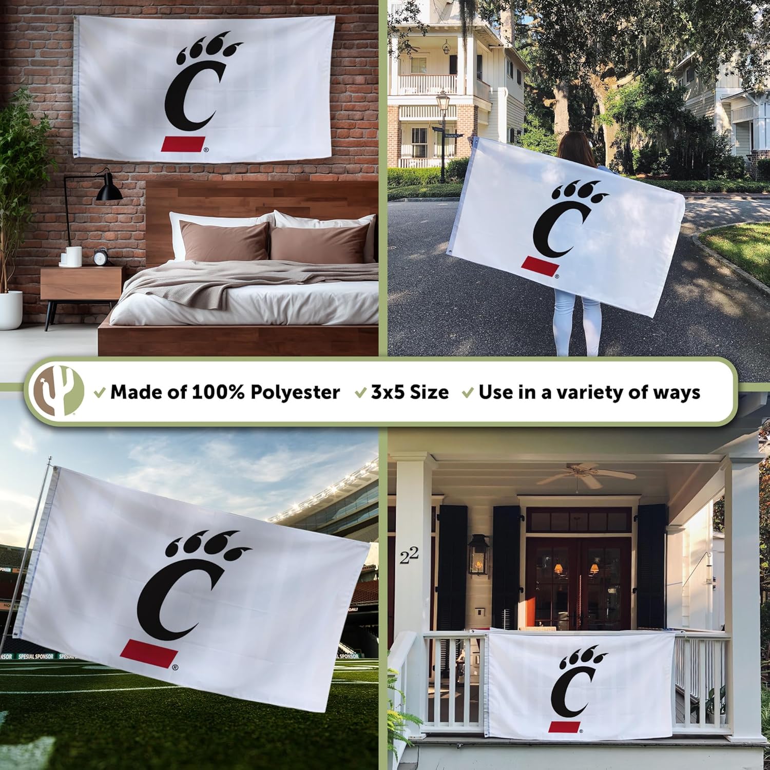 Desert Cactus University of Cincinnati UC Flag - 3 x 5 Feet Bearcats Banner, Indoor/Outdoor Durable Fabric, 100% Polyester Design (Style I)