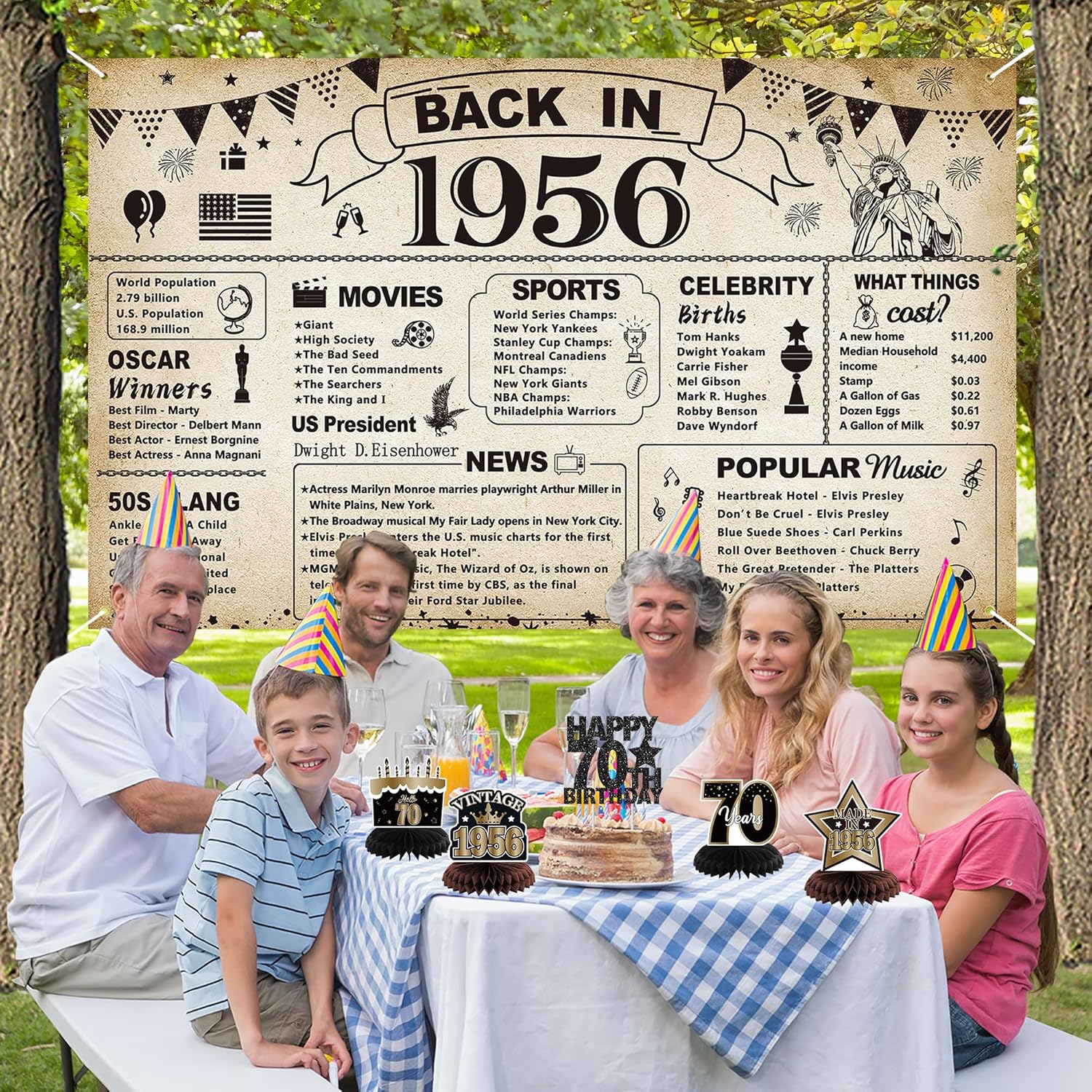 DARUNAXY 70th Birthday Party Decorations for Men Women, Vintage Back in 1956 Banner, Black 70 Number Balloons & Cake Topper, Vintage 1956 70 Birthday Honeycomb Hanging Swirl Confetti Balloons(30PC)