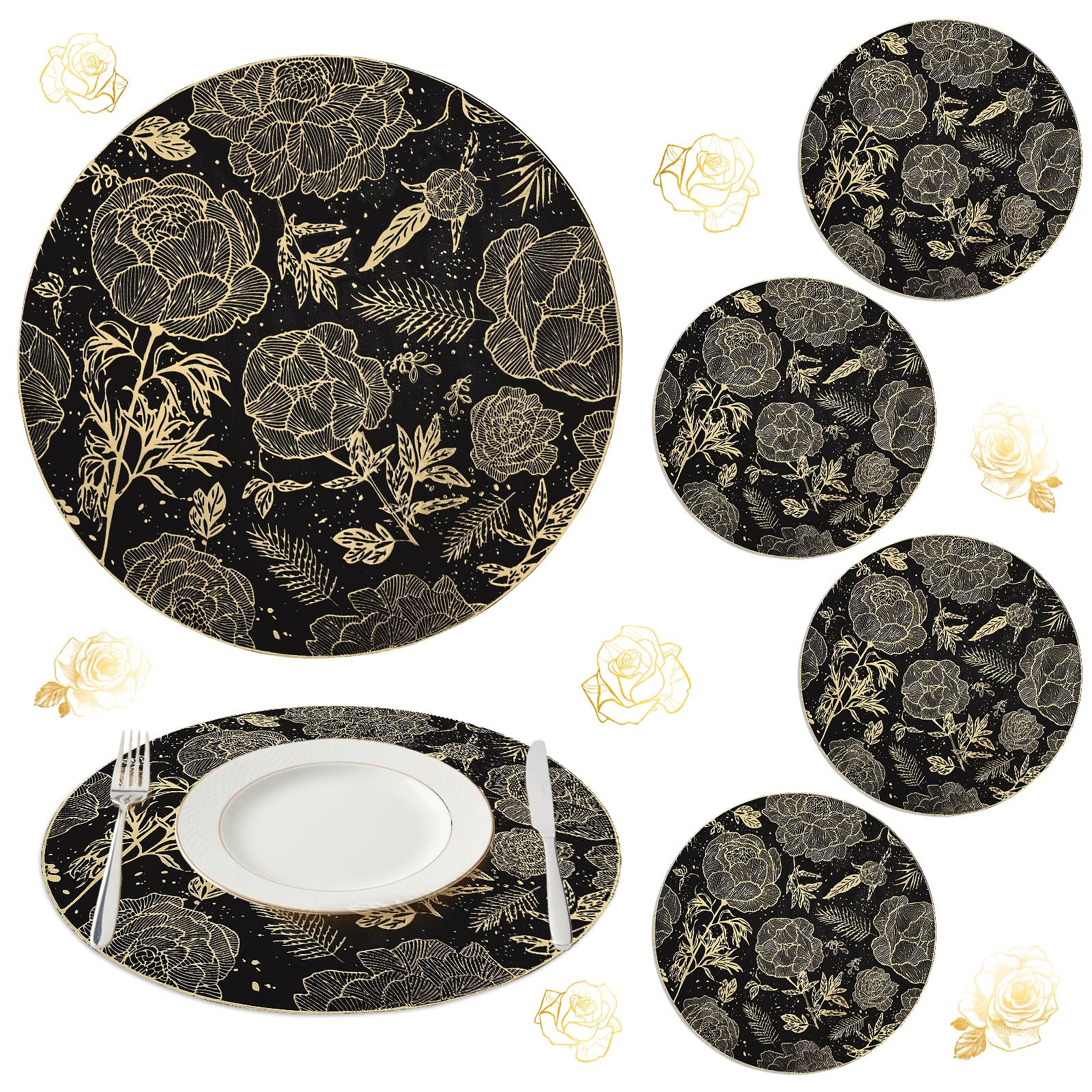 Sets de table en vinyle fleur noir dorés imperméables et lavables comfoyar