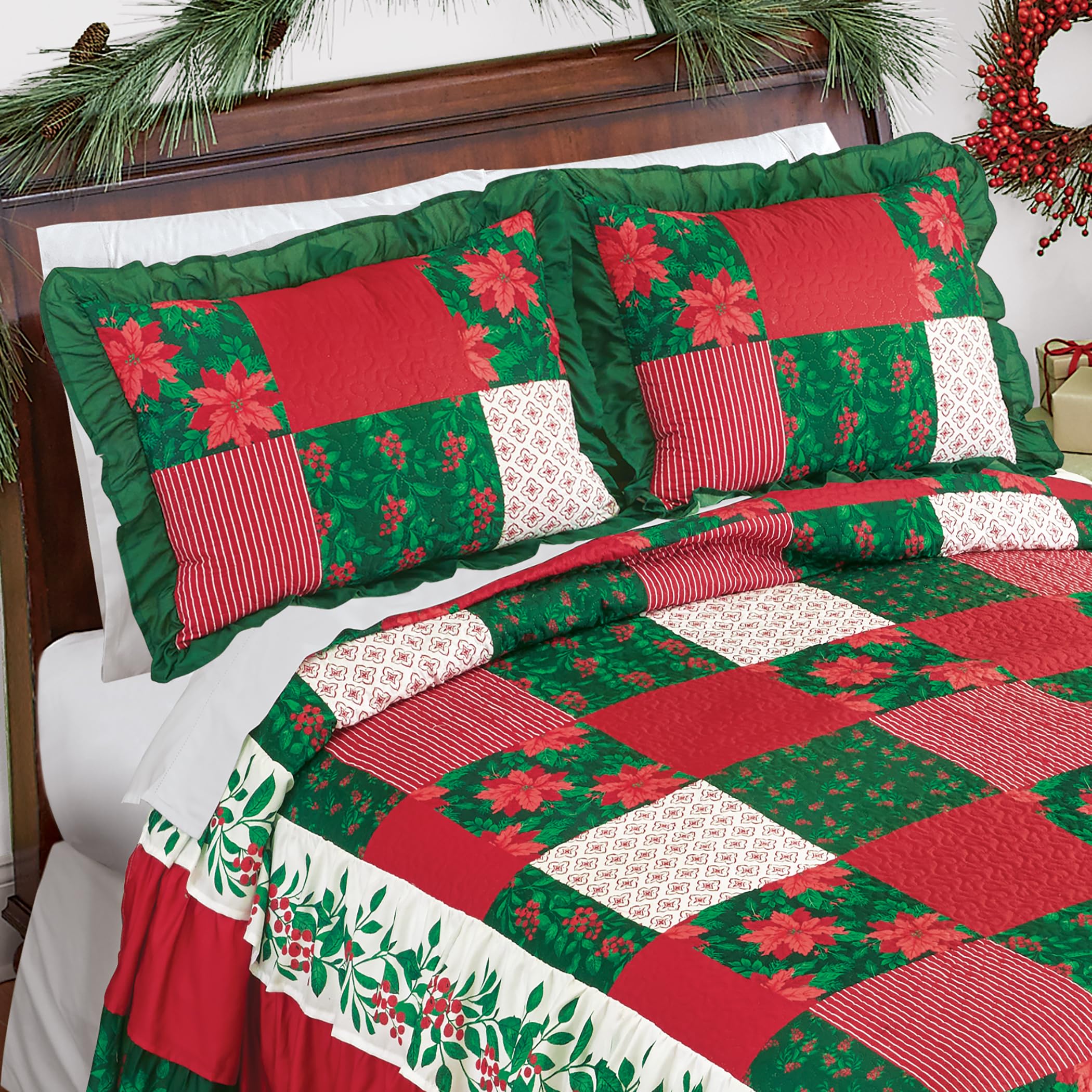 Collections Etc Mistletoe Patchwork Ruffled Edge Holiday Pillow Sham Red
