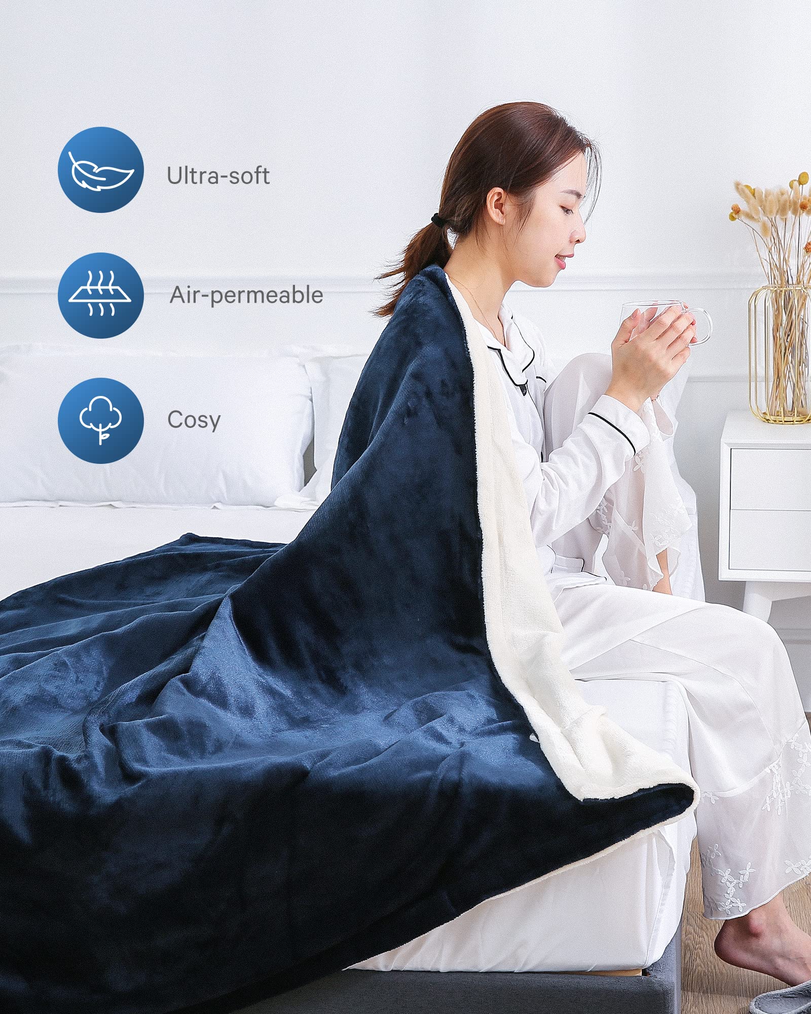 CURECURE Heizdecke Kuscheldecke Wärmedecke Elektrisch mit Abschaltautomatik, 4 Heizstufen 10 Stunden Auto-Off-Timer Überhitzungsschutz, Heizdecken fürs Bett Sofa (Blau, 180 x 130 cm)