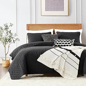 ROARINGWILD Black Queen Size Quilt Bedding Sets with Pillow Shams, Lightweight Soft Bedspread Coverlet, Quilted Blanket Thin Comforter Bed Cover, All Season, 3 Pieces, 90x90 inches