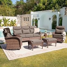 Belord Upgraded 6 Cushion Luxury 6 Piece Patio Furniture Set - Wicker Couch Outdoor Conversation Set with Swivel Rocker Patio Chairs, Deep Seat Glider Chairs Set for Deck Porch - Brown/Grey