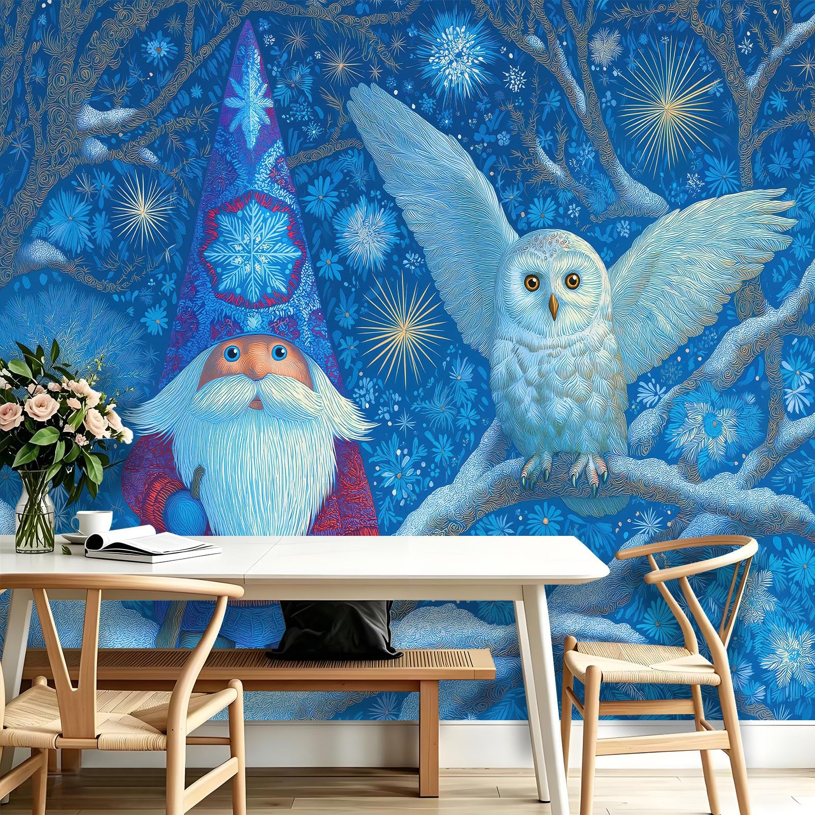 Générique Tapeta z włókniny - Sowa Harfang gnomy płatki 250 x 175 cm Fantazyjne Boże Narodzenie 3D Panoramiczna ściana XXL - Fototapeta - Dekoracja ścienna do salonu, sypialni