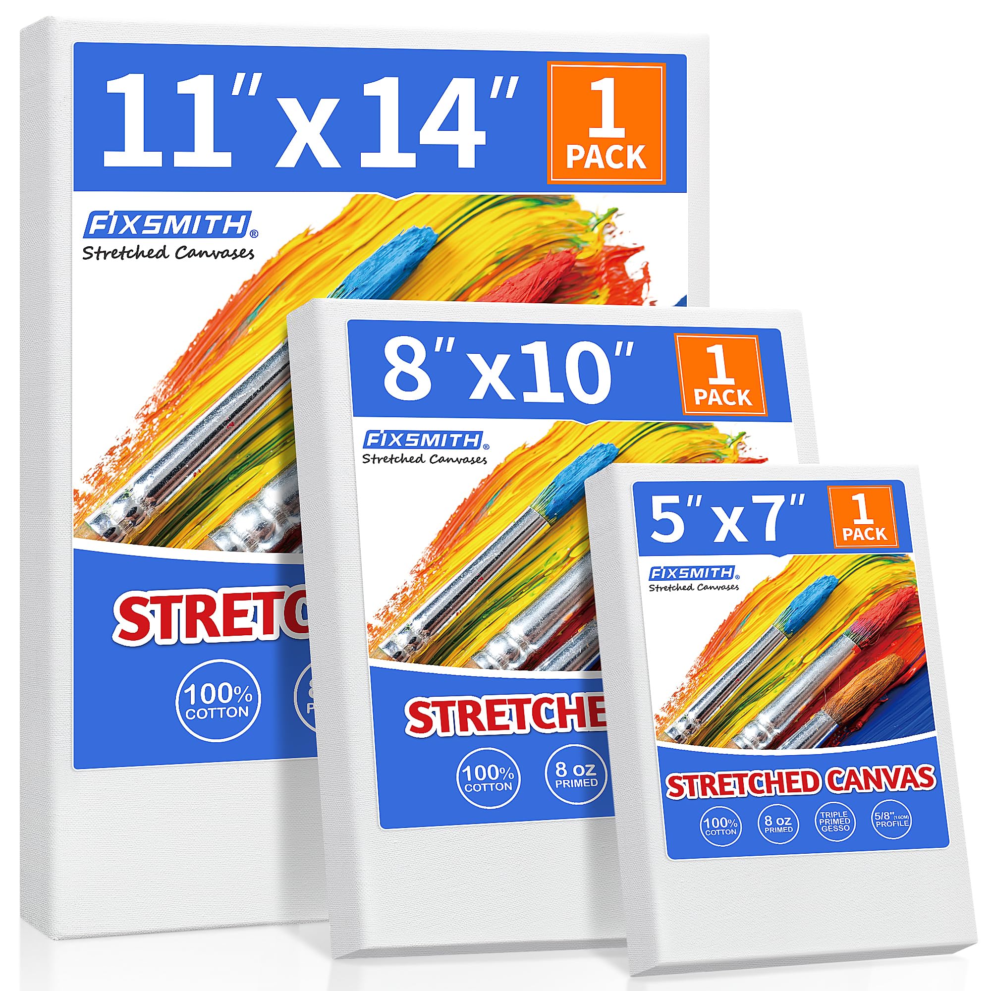FIXSMITH Stretched Canvas for Painting, 5"x7", 8"x10", 11"x14", Pack of 3