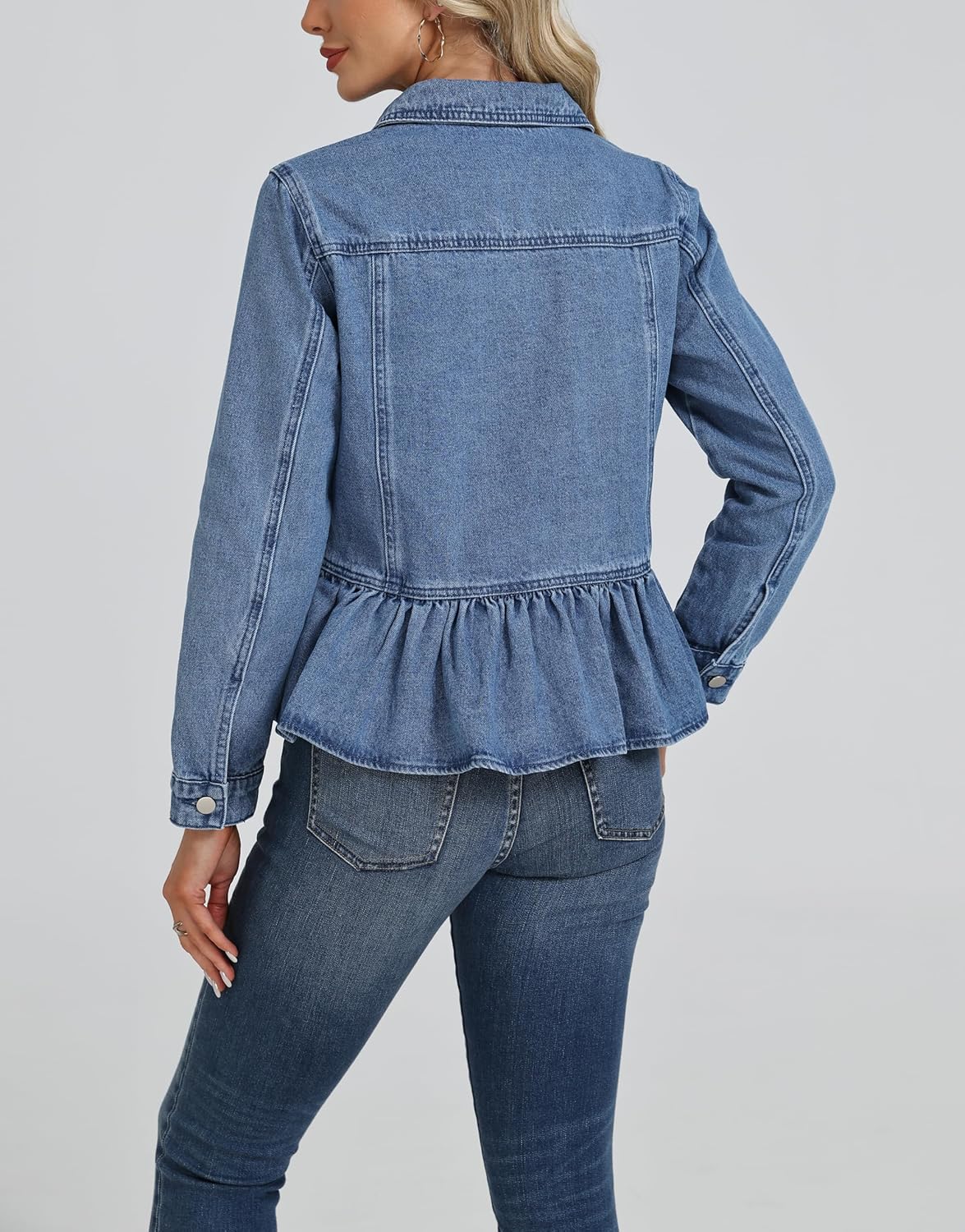Ladyful Ruffle Hem Denim Jacket for Women Trendy Long Sleeve Button Up Jean Coat Outerwear - Image 6