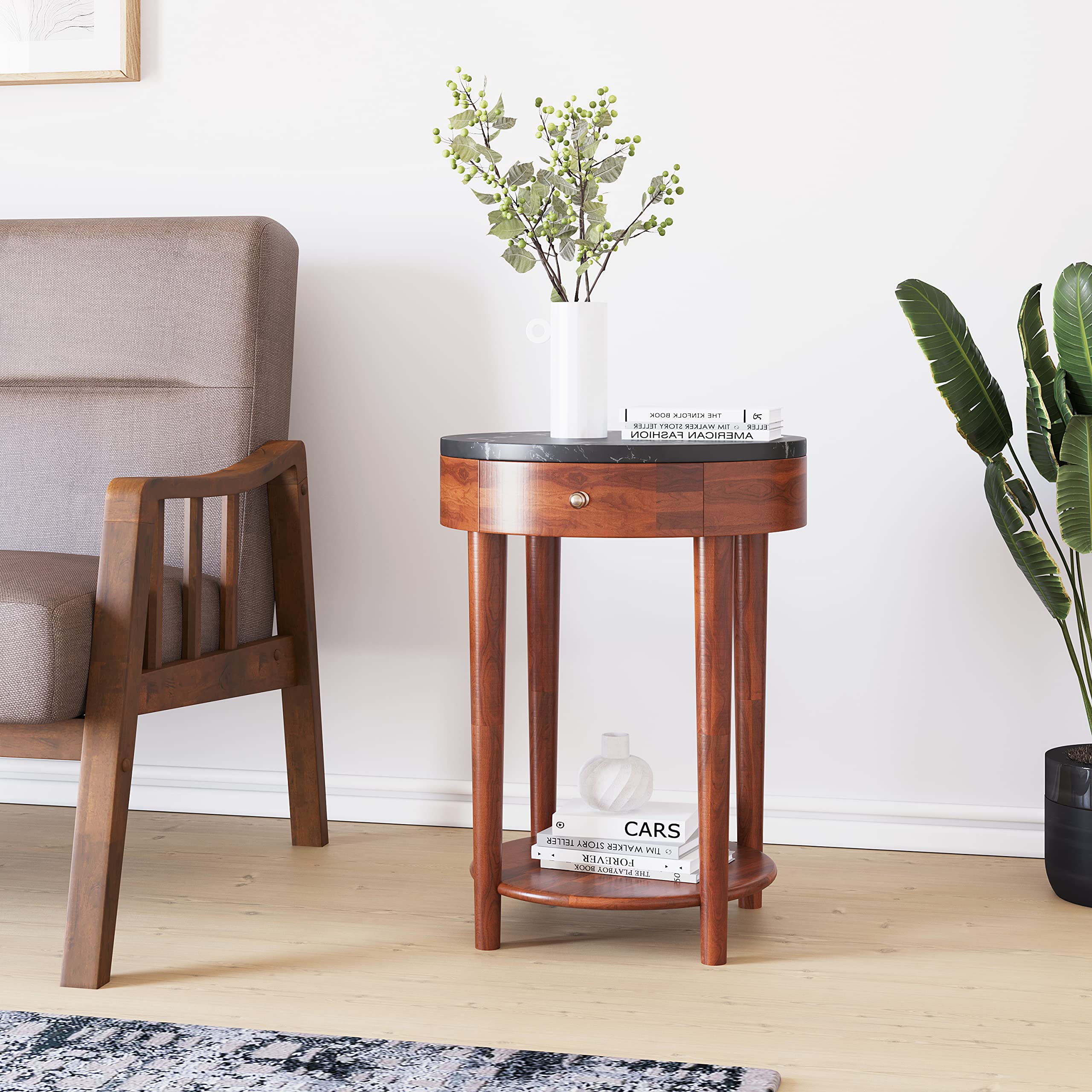 @home by nilkamal kyran marble top round solid wood side table with drawer & shelf storage for living room in red walnut finish
