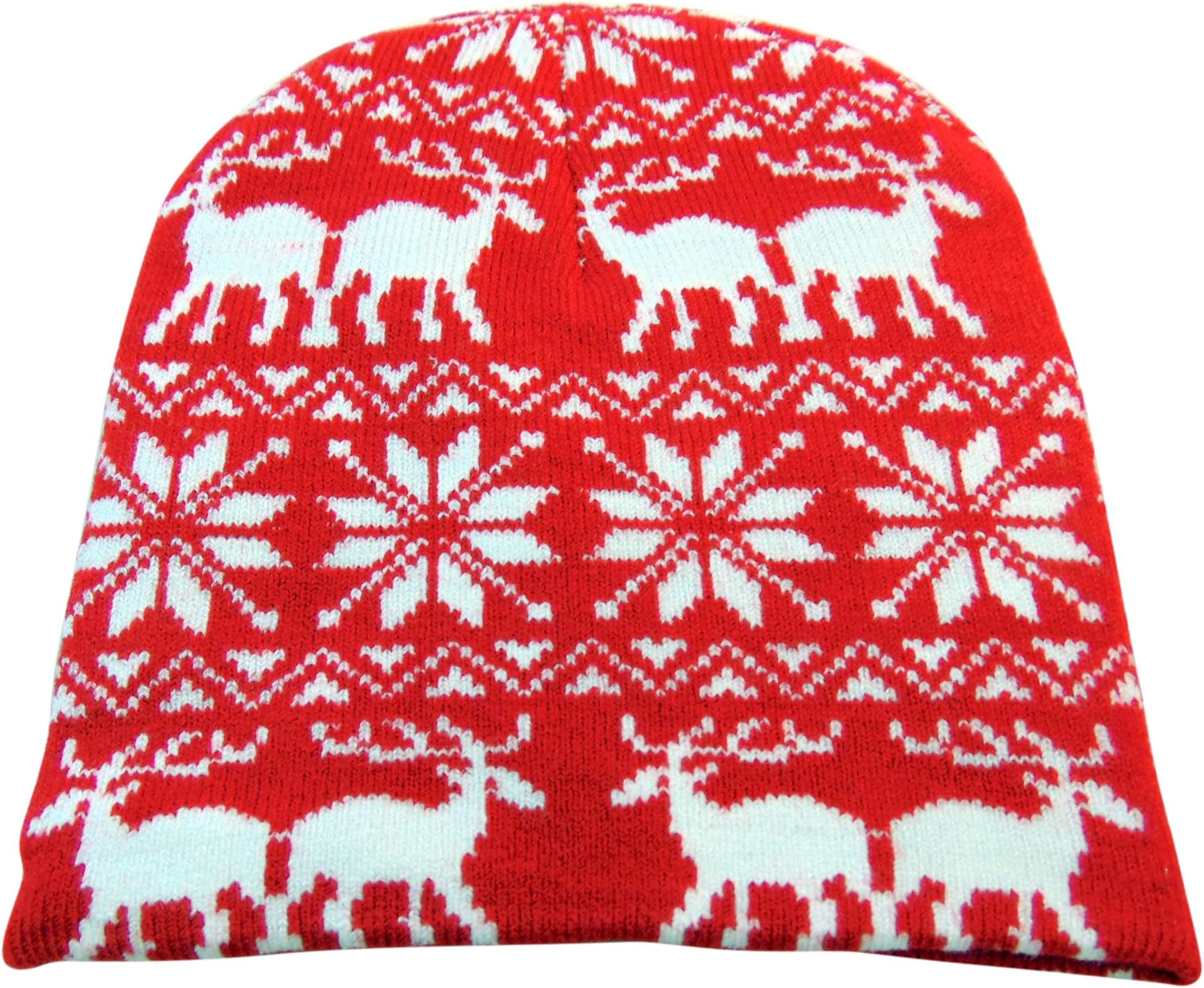 Classic Christmas Beanie with Reindeer and Snowflake Designs Winter Hat, One Size Red