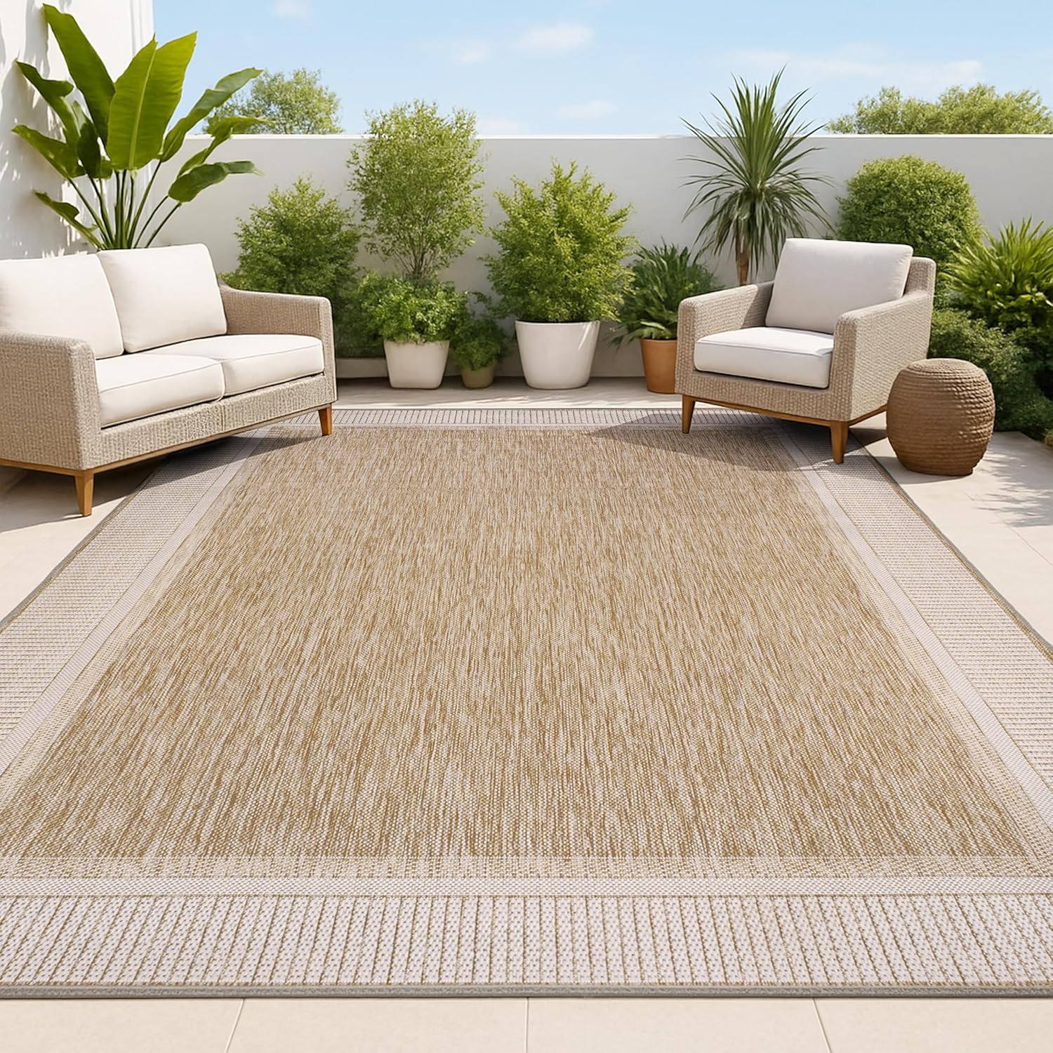 JONATHAN Y Wide Stripe Border Indoor Outdoor Area Rug 8X10 Beige/Cream, Hali Coastal Casual for Backyard, Patio, Porch, Easy-Cleaning, High Traffic, Pet-Friendly, Non-Shedding (TSN211A-8)