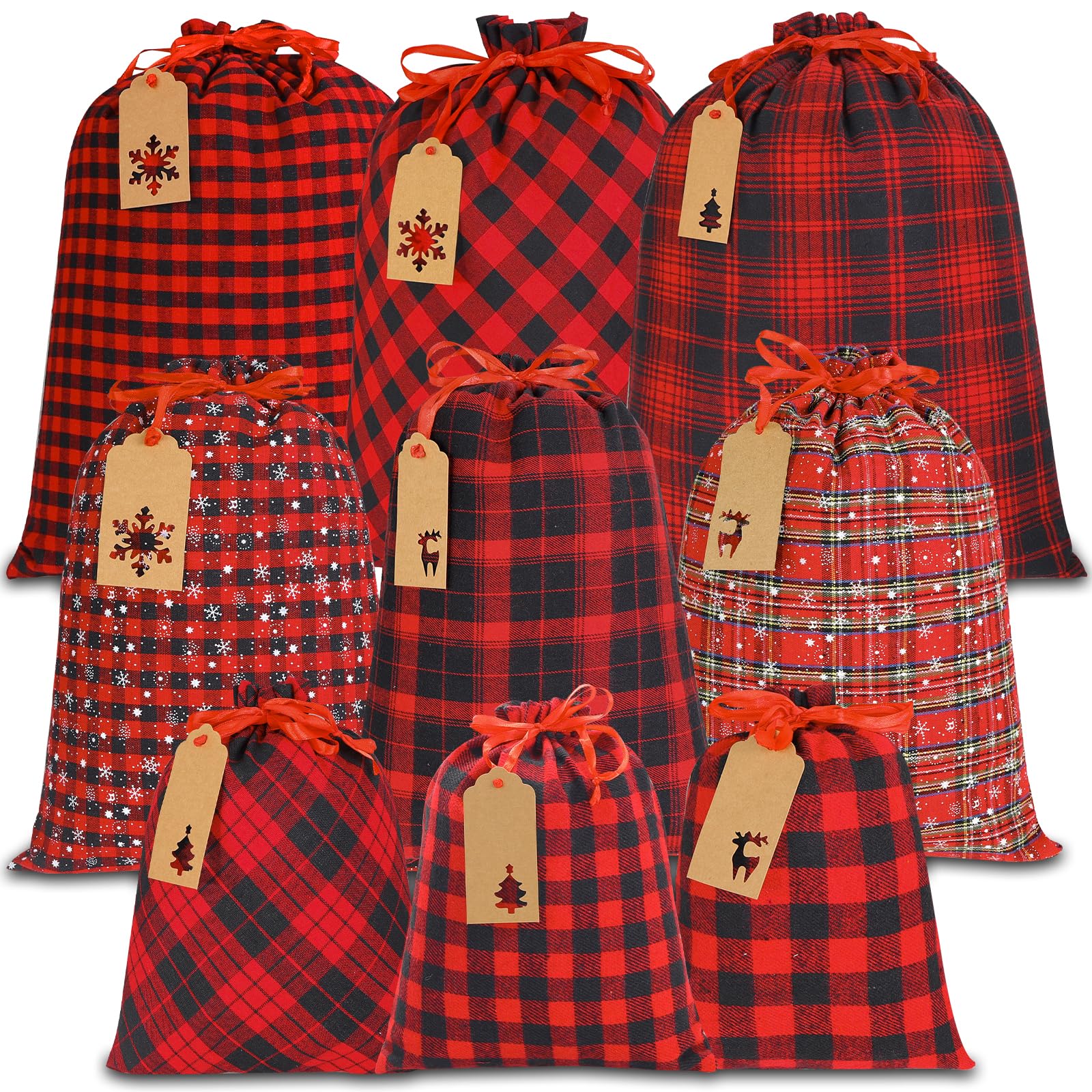 YUJUN 9PCS Christmas Drawstring Bags Cotton Buffalo Plaid Bags Sacks Xmas Red Black Wrapping Storage Bags with Kraft Tags for Christmas Candy Goodie Holiday party Favors(3 Sizes)