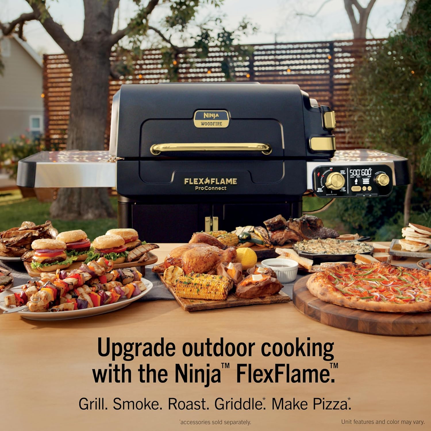 Ninja FlexFlame ProConnect Grill & Smoker | 5-in-1 Smart Cooking System | Electric & Propane | App-Connected | 3-Burner Digital Control | Roast, Griddle & Pizza Maker | Black/Gold | PG305