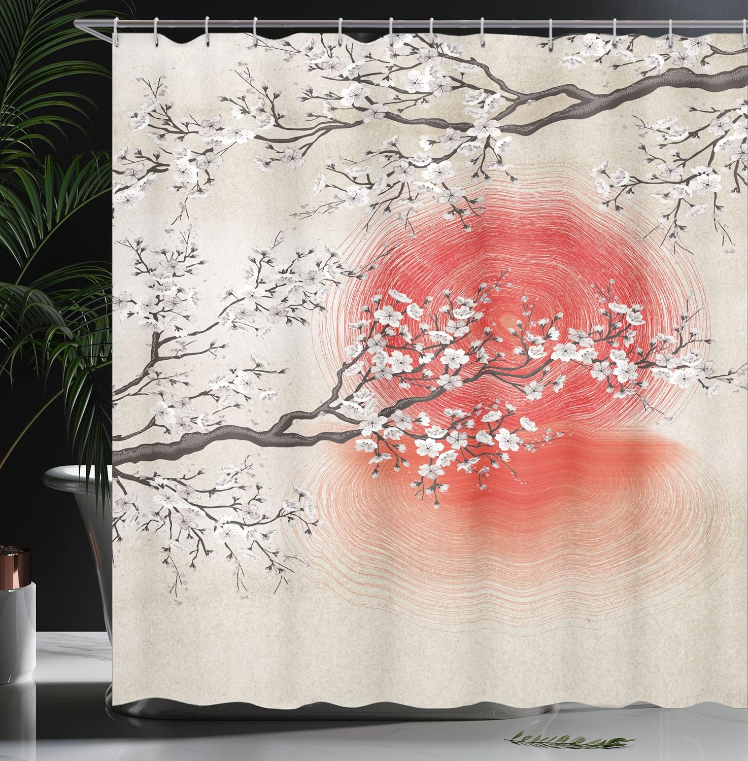 Ambesonne Cherry Blossom Shower Curtain, Japanese Folkloric Themed Sakura Tree, Cloth Fabric Bathroom Decor Set with Hooks, 69" W x 70" L, Grey Yellow Dark Coral