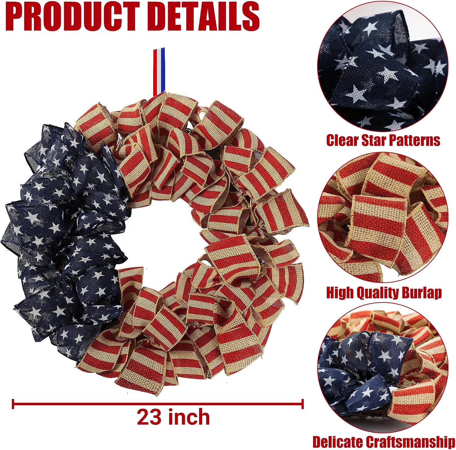 Sggvecsy 23Inch 4th of July Patriotic Day Wreath for Front Door with Grapevine Base America Patriotic Flag Burlap Summer Patriotic Decorations for Independence Day Memorial Day Veterans Day