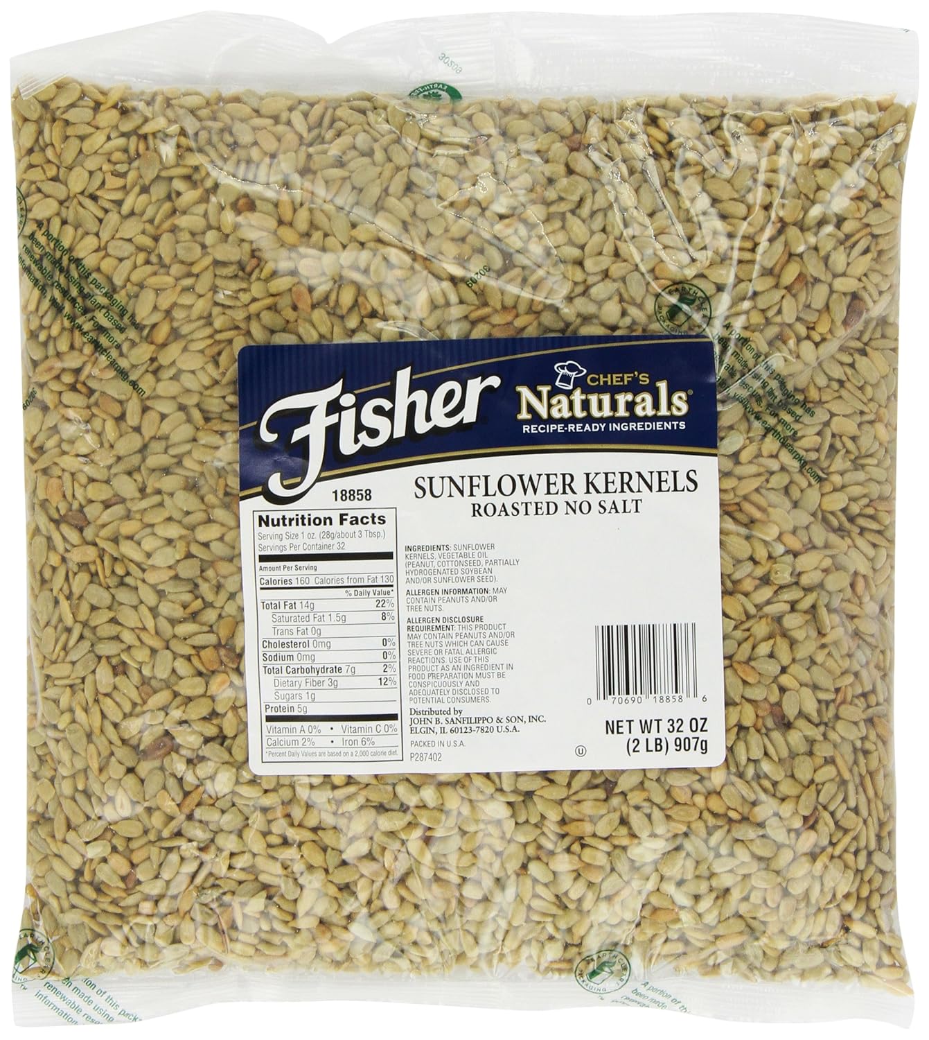 Fisher Sunflower Kernels Roasted No Salt, 2Pound