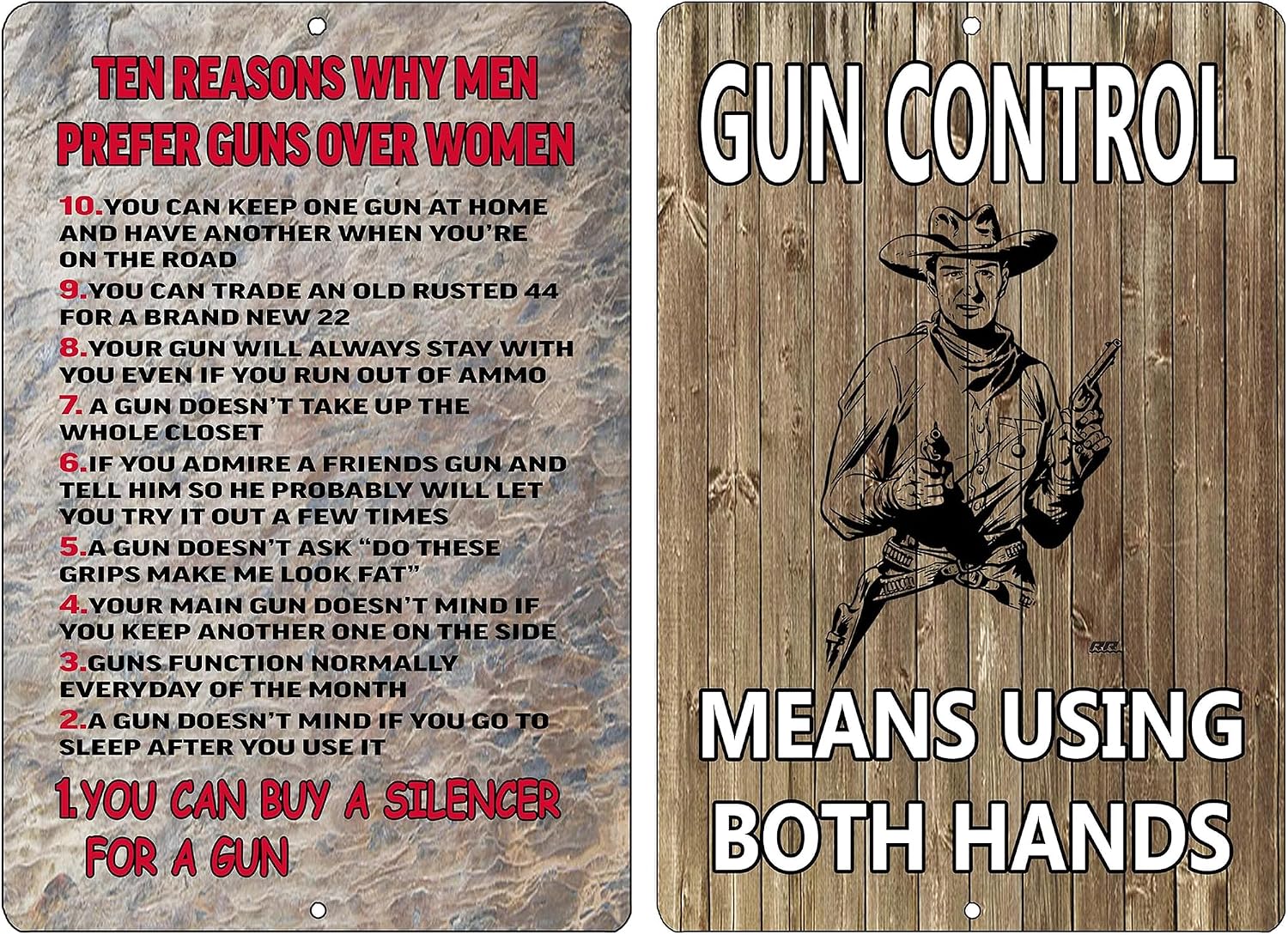 Rogue River Tactical Funny Sarcastic Metal Tin Sign Bundle Ten reasons Men Prefer Guns Over Women, Gun Control Means Using Both Hands Wall Decor Gift Set Man Cave Bar Yard Wall Combo