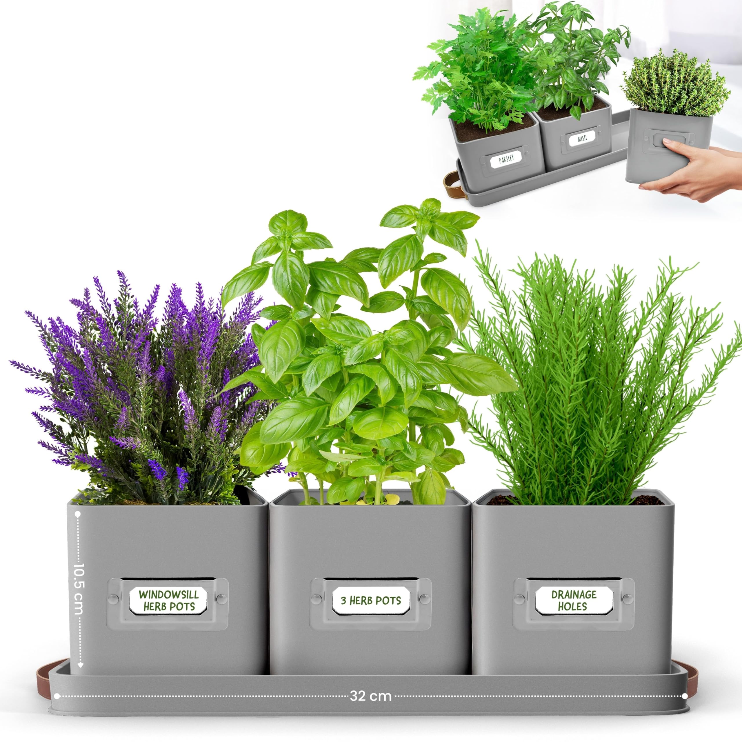 Herb Pots for Kitchen Windowsill - Set of 3 Charcoal Grey Herb Planter Indoor with Leather Handled Tray - Ideal for an Indoor Herb Garden, Plants and Flowers - Labels Included