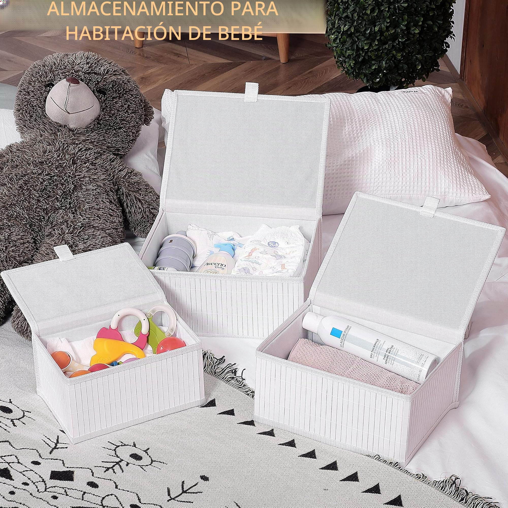 Honygebia Bambú Caja Almacenaje con Tapa - Set de 3 Cestos de Mimbre Decorativas con Forro, Almacenamiento Blanco para el Hogar, Organizadoras de Estantes de Cocina y Baño (Grande/Mediana/Pequeña)