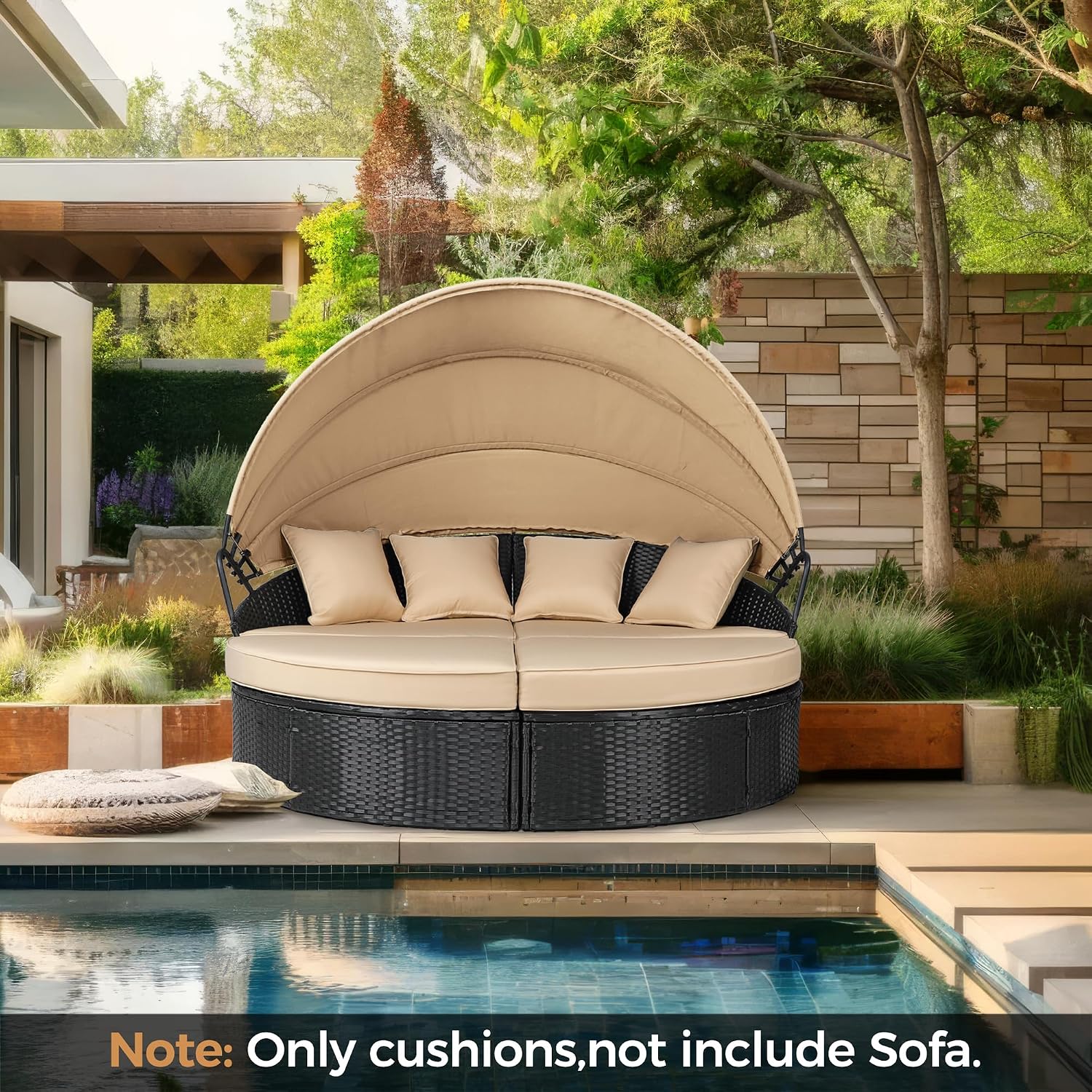 Crownland 66-Inch Outdoor Patio Canopy Bed Round Daybed Replacement Cushions, 4-Piece Clamshell Sectional Seating Wicker Furniture Replacement Cushions Set with 4 Pillows,Light Brown