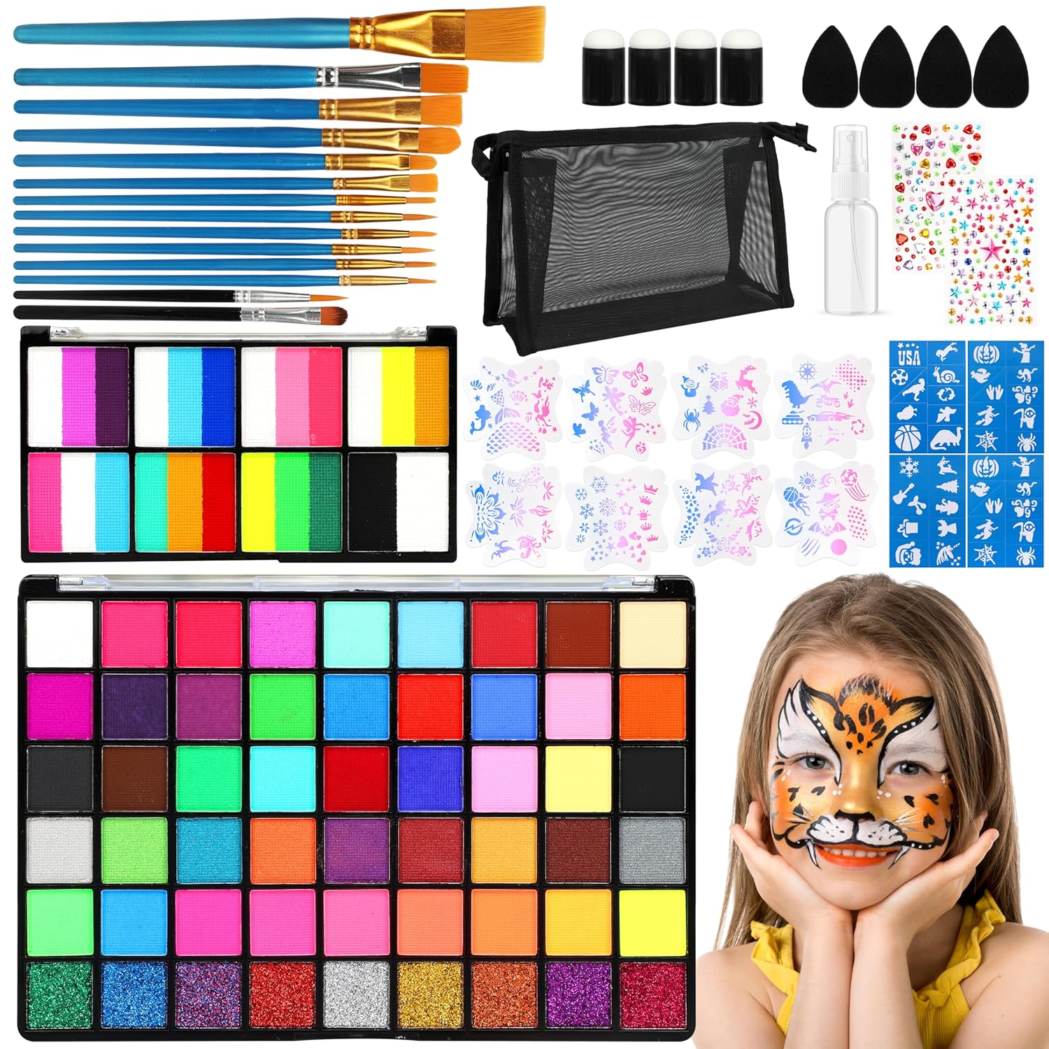 Face Painting Kit for Kids, 54 Colors Water Activated Face Paint Palette, Split Cake Body Paint for Adults, Non Toxic Makeup Kit Professional for Halloween, Christmas,Cosplay,Parties, Birthdays