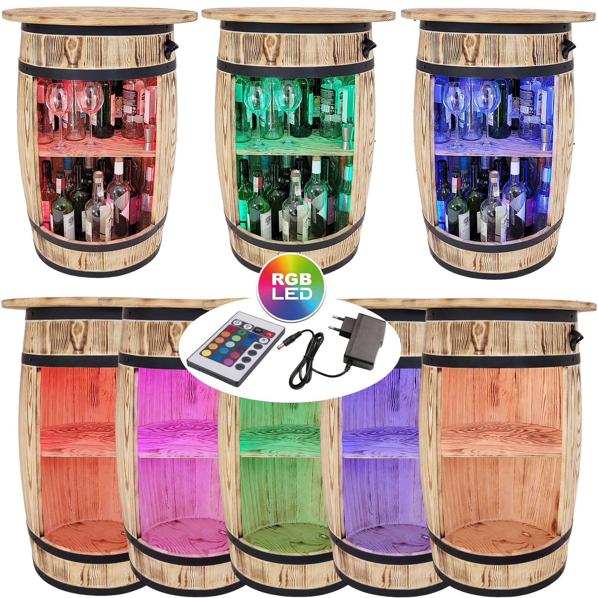 weeco Armadietto da bar con piano da tavolo e luci LED RGB – Tavolo Home Bar – Montabile – Scaffale in legno – Retro decorativo bar – Barile di legno con coperchio – Minibar Gin Whisky birra tavolo 80