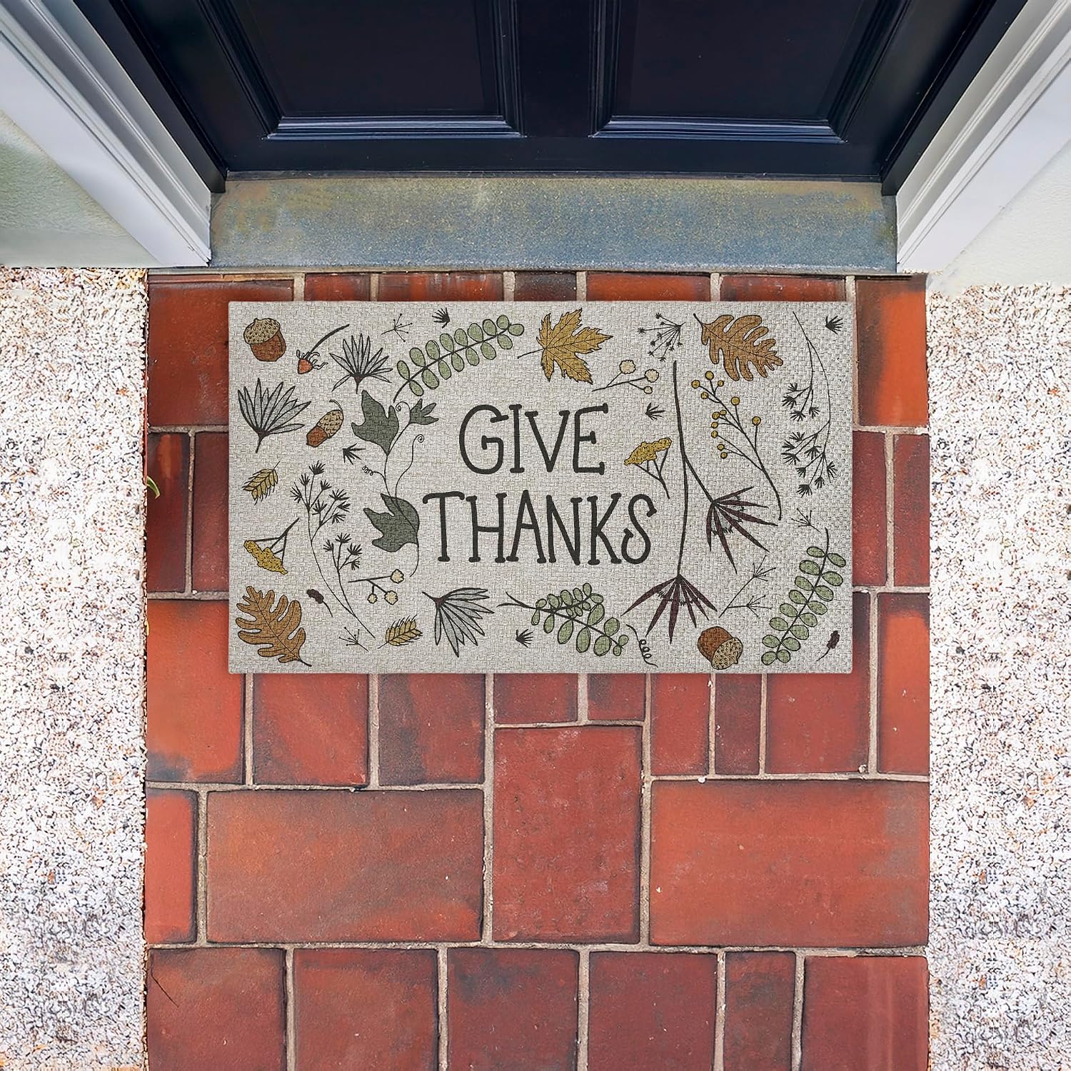Give Thanks Autumn Leaves Outdoor Door Mat, Durable Non-Slip Woven Natural Texture Mat with Recycled Rubber Backing, Weather-Resistant Fall Thanksgiving Design by Sweet Melody Designs, 18"x30"