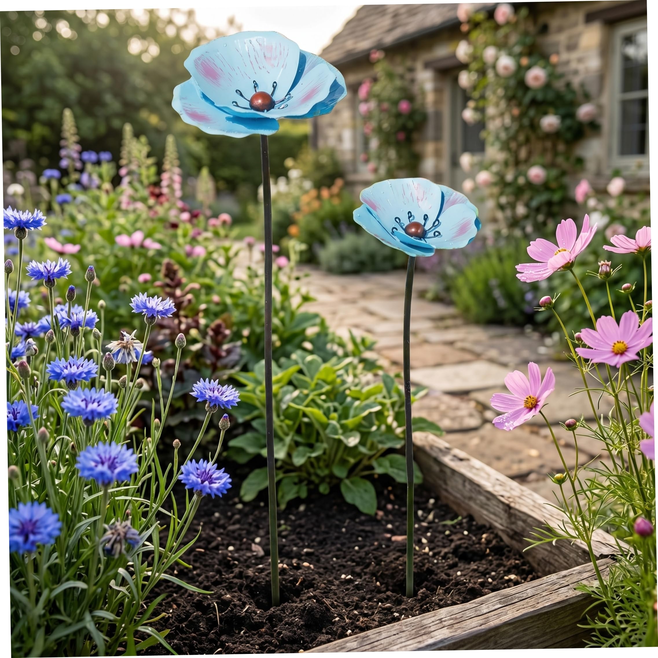 2pcs Metal Flower Garden Stakes, Outdoor Metal Flowers, Weather Proof Flower Stakes for Yard Porch Lawn Pathway Pot Decorations, Sky Blue, Flowers For Outside