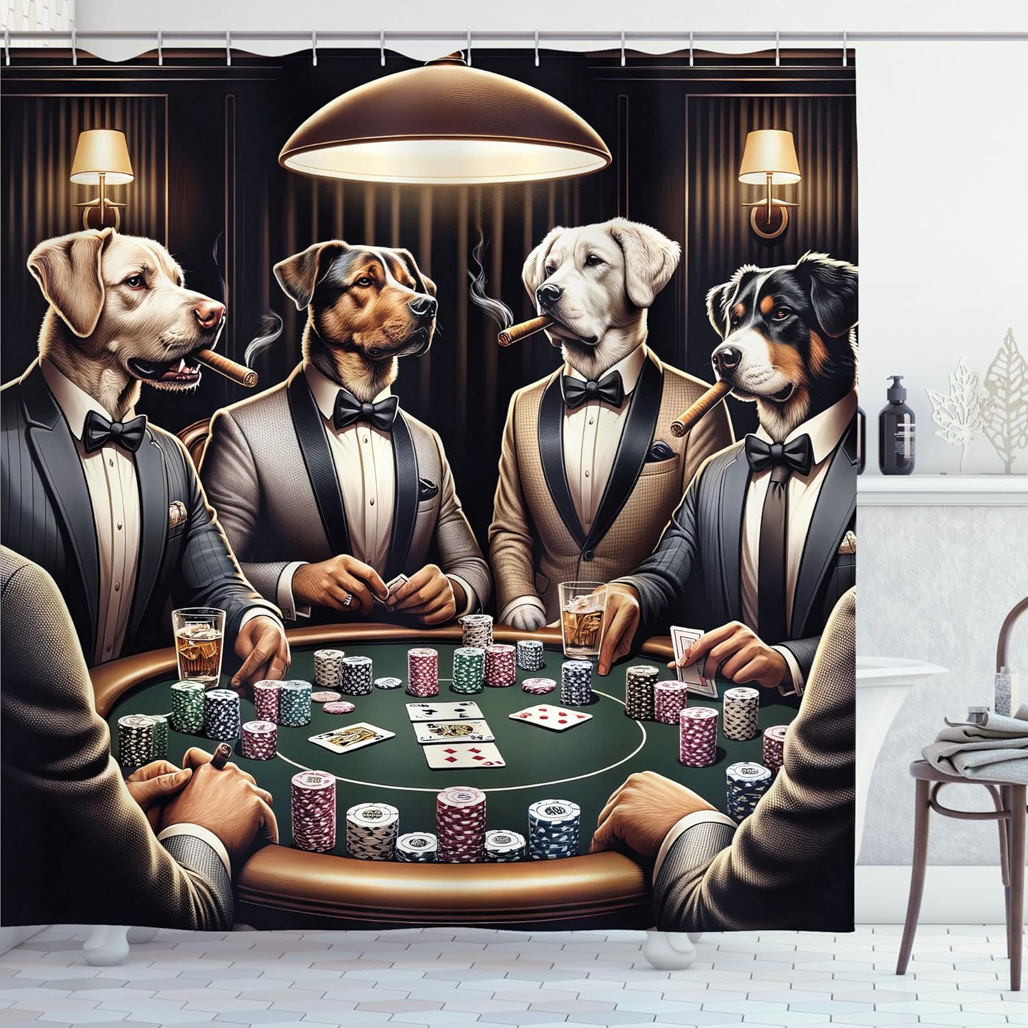 Ambesonne Dog Shower Curtain, Funny Gentleman Animals in Sharp Suits Around The Poker Table Humorous Scene, Cloth Fabric Bathroom Decor Set with Hooks, 69" W x 70" L, Brown Dark Green Grey