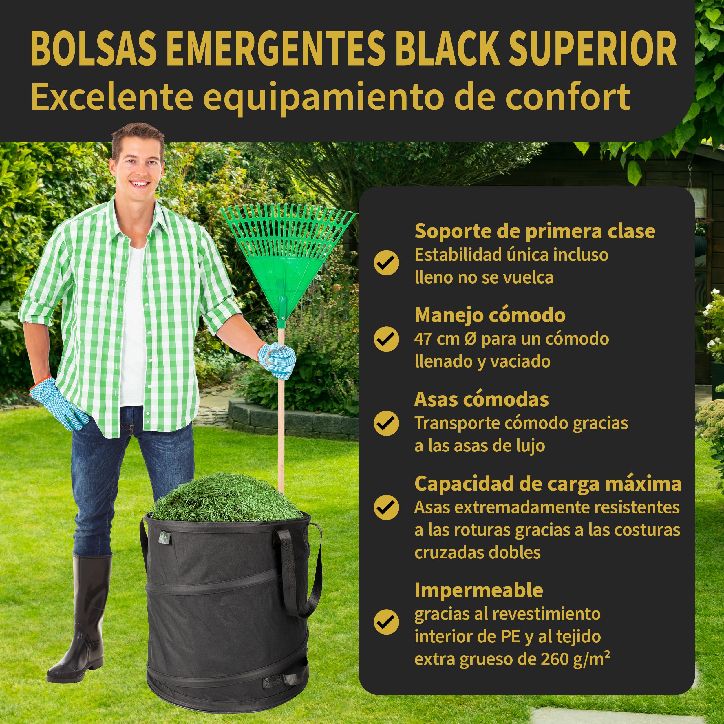 TTL Commerce TTL Garden Black SUPERIOR - Saco de jardín plegable (85 L, base doble, 260 g/m², extra estable, 600D Oxford, 85 L, plegable), 180323-003