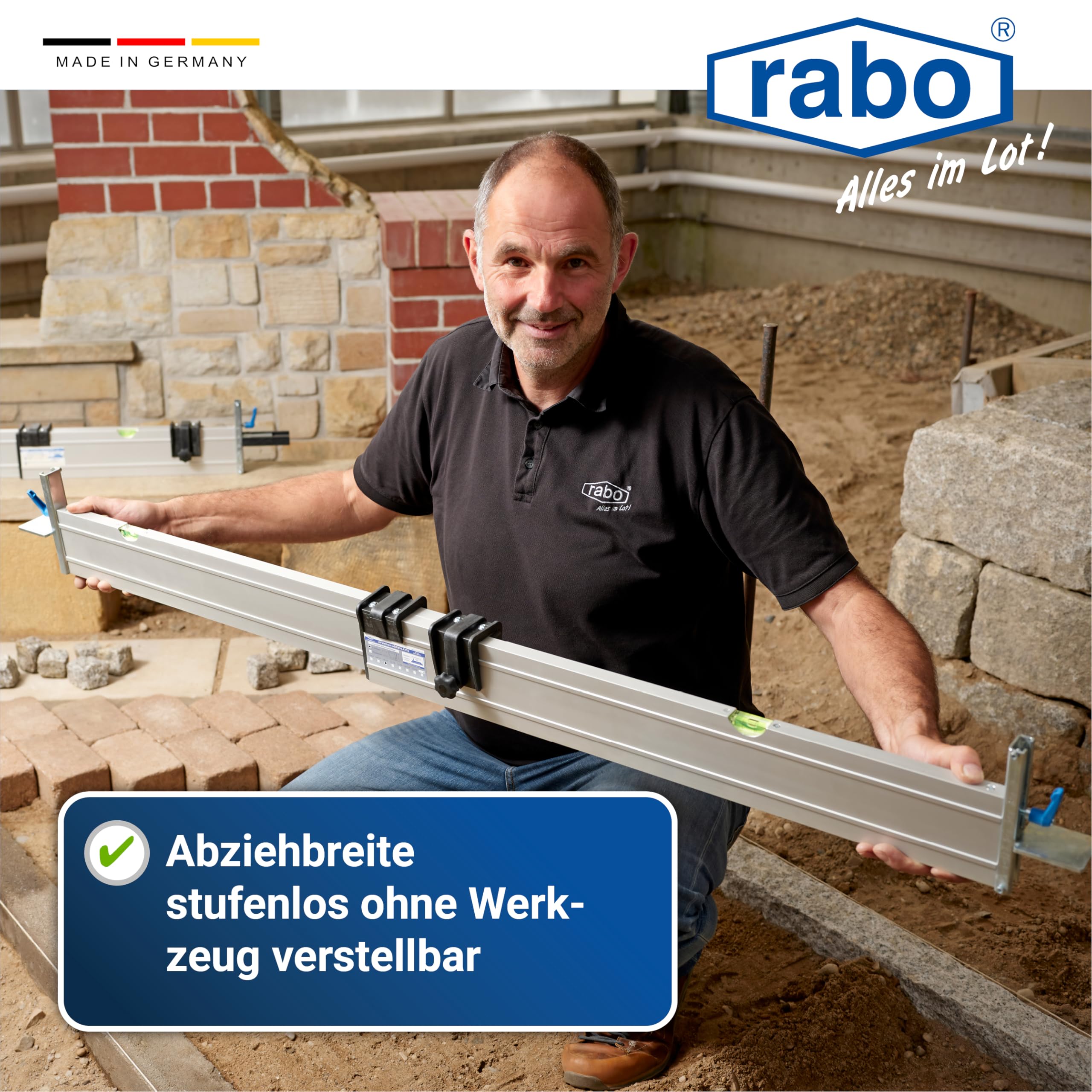 RABO Abziehschiene 2,30–4,00 m stufenlos verstellbar | zum Abziehen und Planieren von Splitt, Kies & Sand im Garten- und Landschaftsbau | mit 2 verstellbaren Höhenanschlägen C-Schiene (0–11 cm) | Alu
