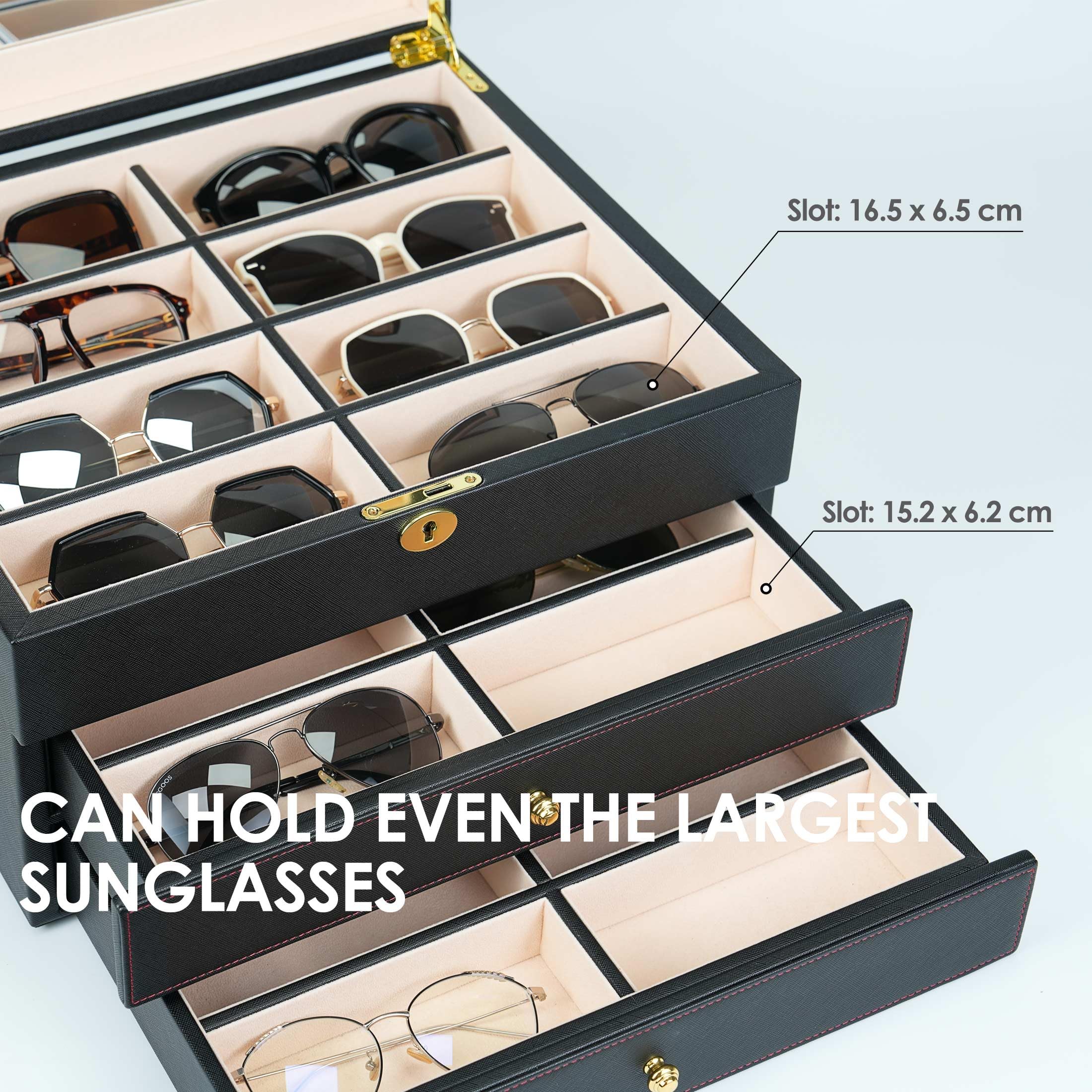 Luxuriöses Sonnenbrillenetui, 3-lagig, 24 Schlitze, Brillen-Organizer, Brillenaufbewahrungsbox für Damen und Herren, PU-Leder mit Spiegel (schwarzes PU)