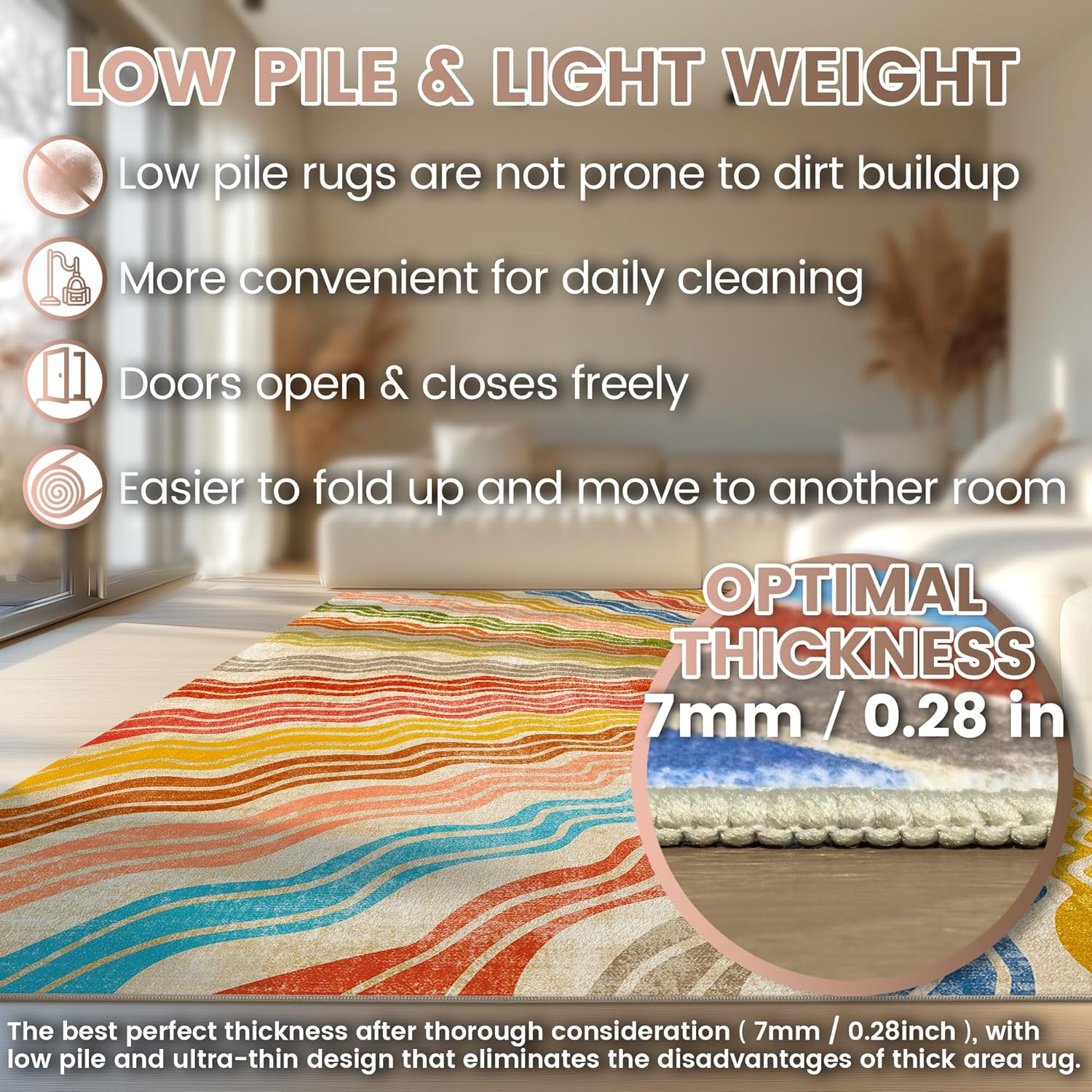 Washable 5x7 Sun Area Rug for Living Room, Rainbow Sun Modern Retro Large Area Rugs, Ultra Thin Low Pile Lightweight Soft Indoor Floor Carpet with Non-Slip Backing for Bedroom Kids Nursery Play Room