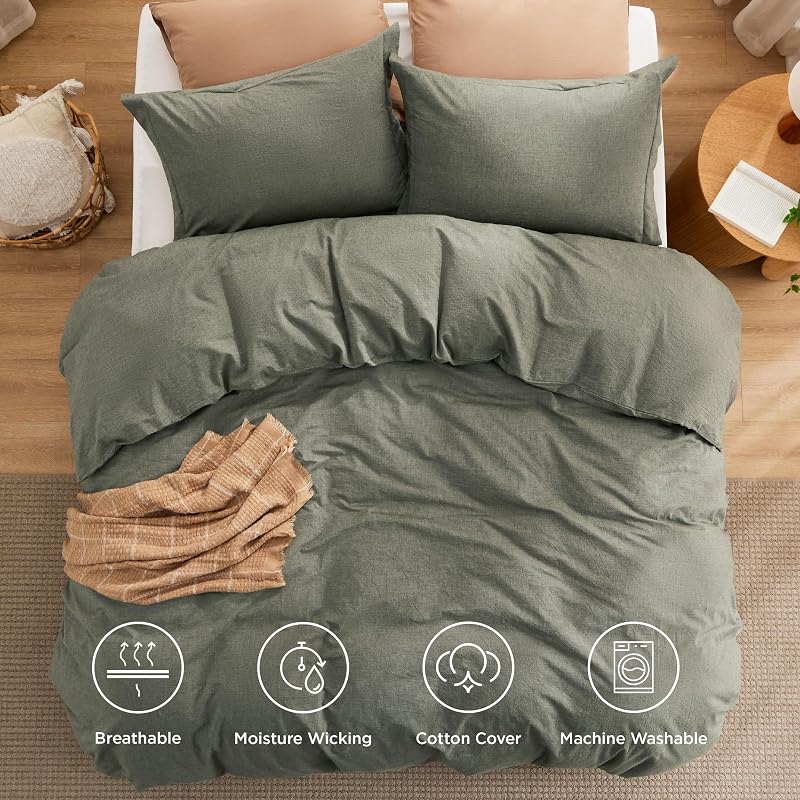 Bedsure PureWoven Cotton Comforter Set Prewashed, King, Grayish Olive Green image 4