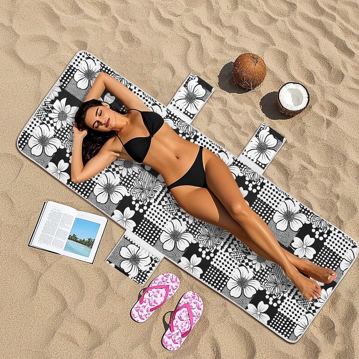 Lounge Chair Towel Cover Summer Beach Chair Lounge Cover with Pockets, Black White Geometric Floral Portable Soft Absorbent Outdoor Chaise Towel Covers for Pool Patio Garden Sunbathing, 85'' x 30''