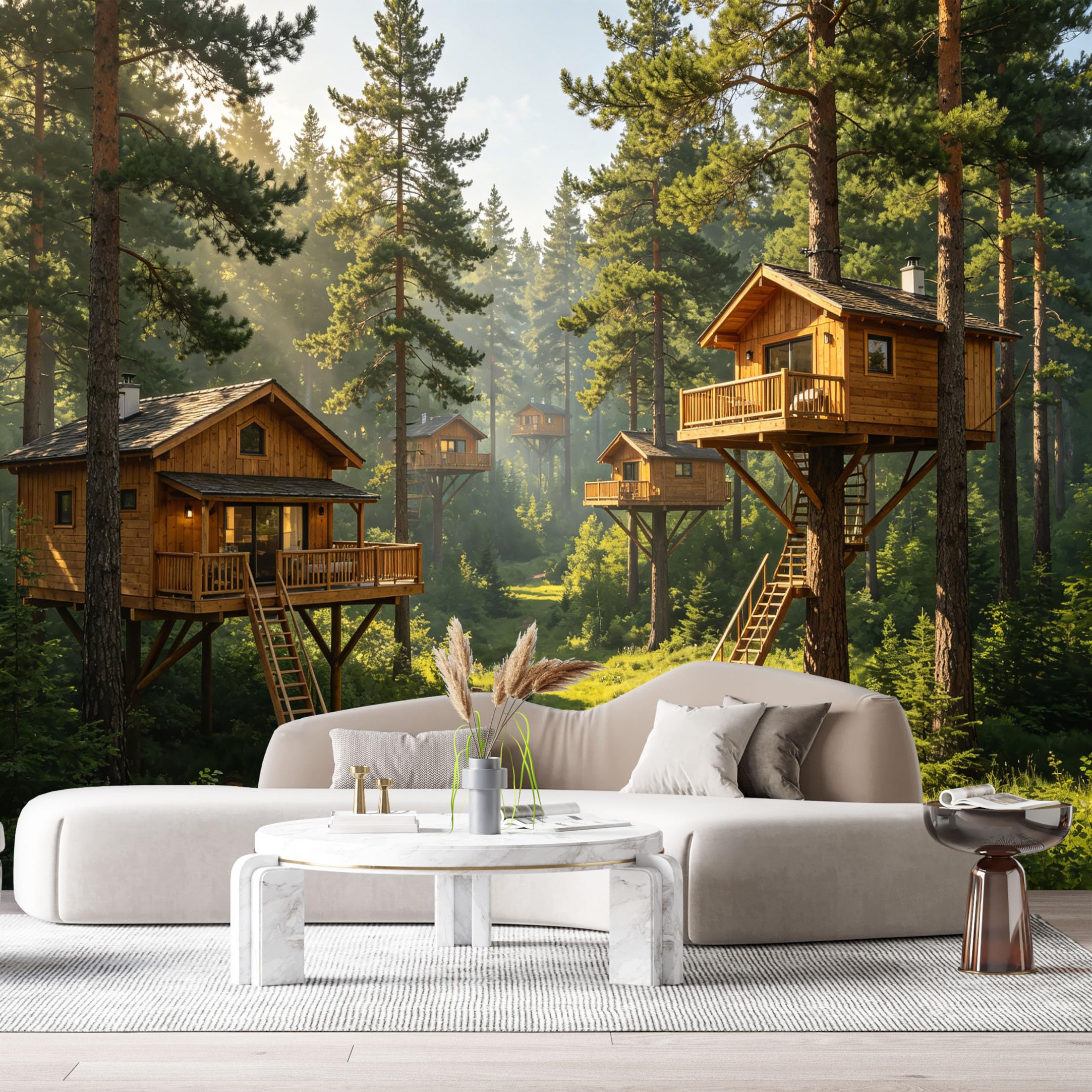 Custom Size Wall Murals Forest Landscape Wooden Treehouse Cabins Morning Sunlight SelfAdhesive Wall Fabric Removable Large Wallpaper for Photo Living Room