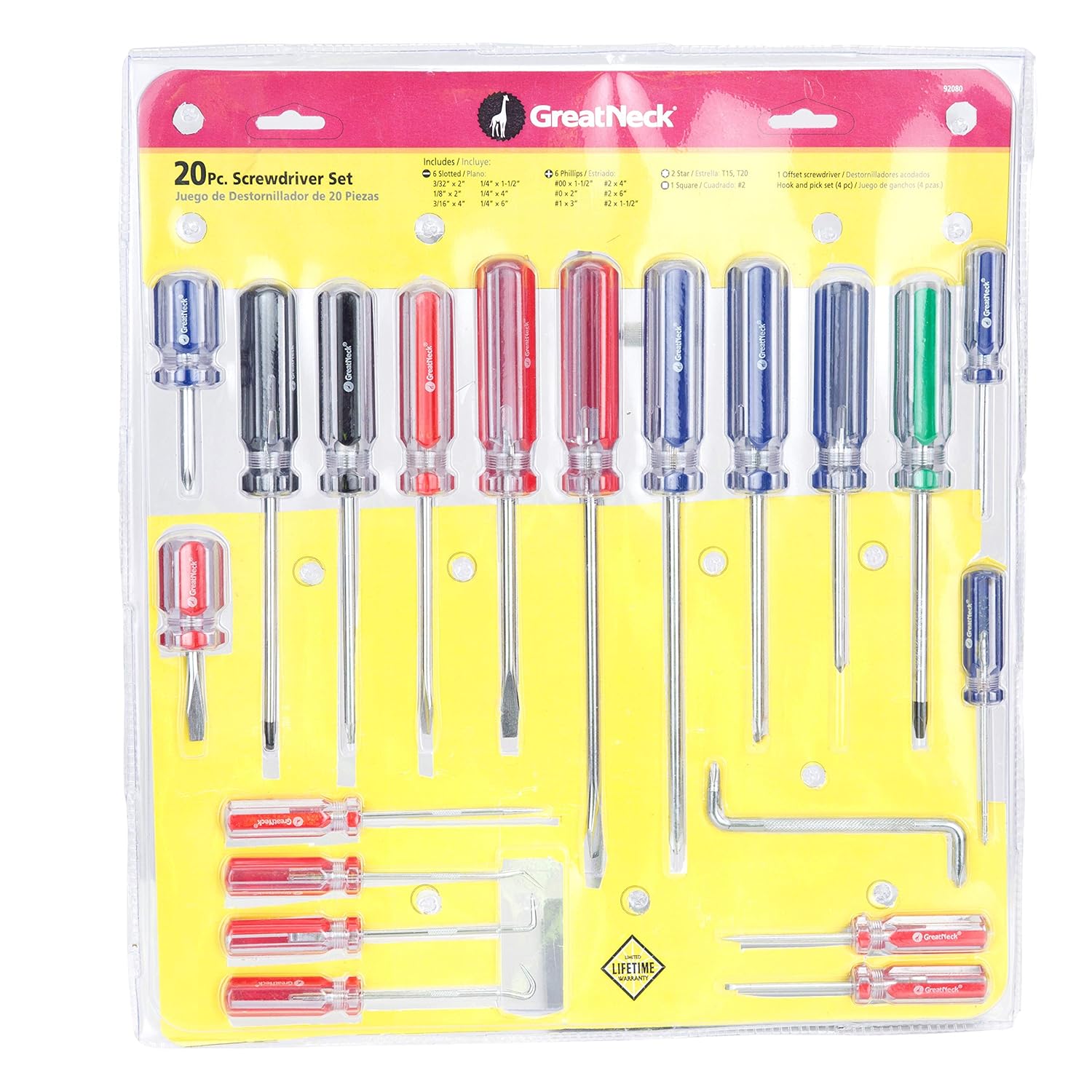 Great Neck 92080 20 Piece Screwdriver Set, Hook and Pick, Slotted, Phillips Head, Star, Square, and Offset Screwdriver