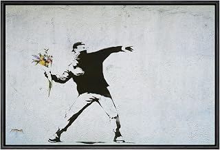 NWT Framed Canvas Print Wall Art Banksy Man Throws Flowers Graffiti & Street Art Cityscape Illustrations Pop Art Bohemian Scenic for Living Room, Bedroom, Office - 16"x24" Black