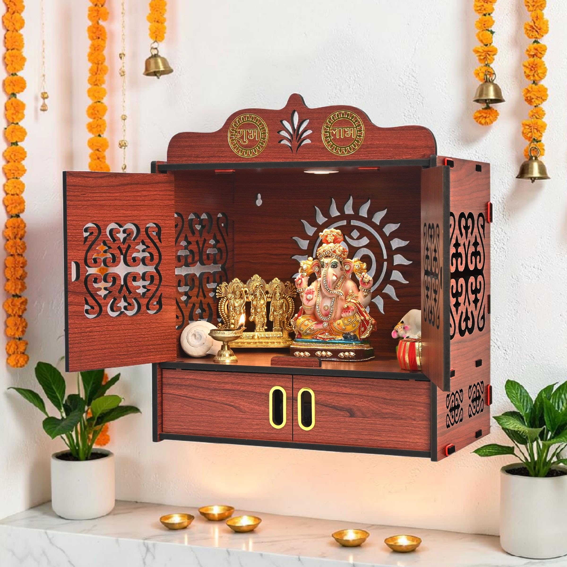 Gift Kya De Wooden DIY Pooja Temple for Home with Door | Pooja mandir with Door Wall Mounted Temple with LED Light | Home Mandir for Puja Room, Living Room & Office | 16 x 14 x 9 Inch-image-16