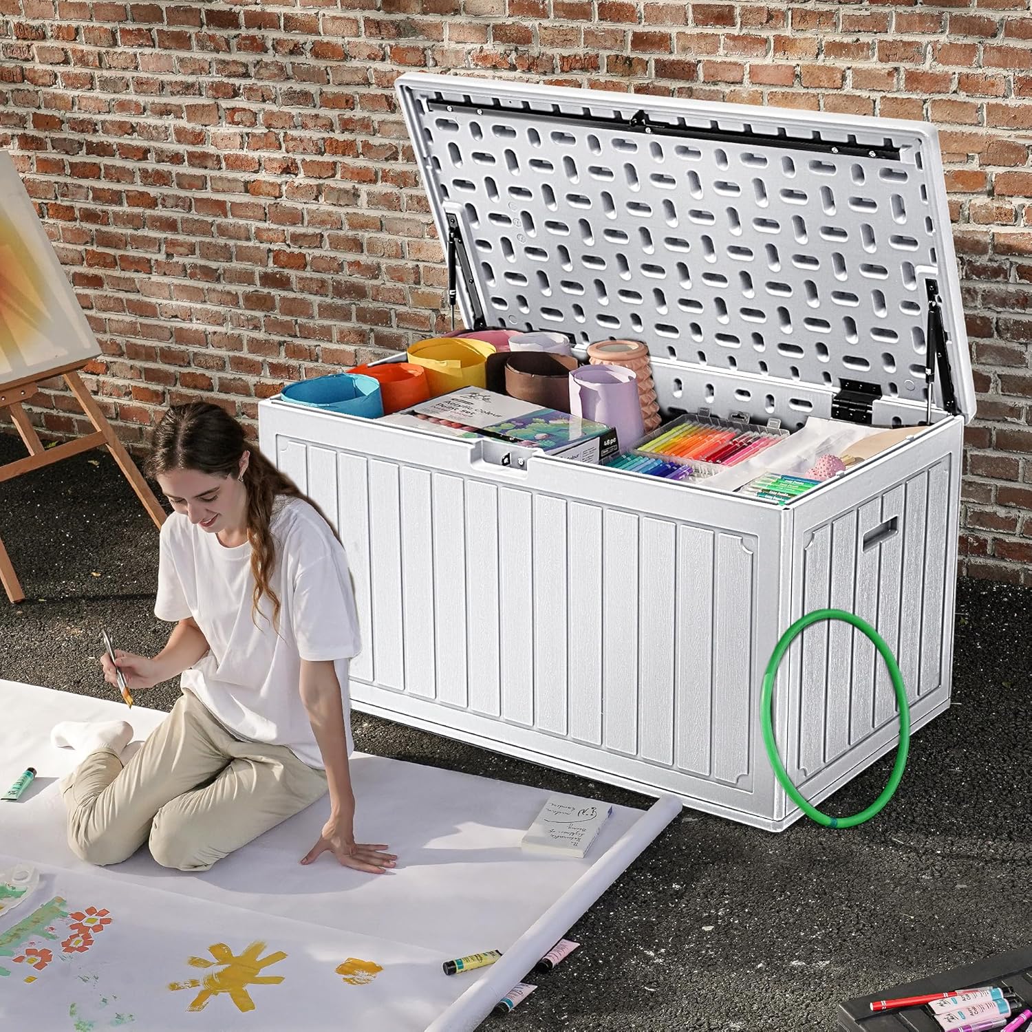 DWVO 90 Gallon Double-Wall Deck Box, Large Resin Outdoor Storage Box, Lockable & Waterproof, Double as Seating, 450lbs Capacity (Grayish-White)