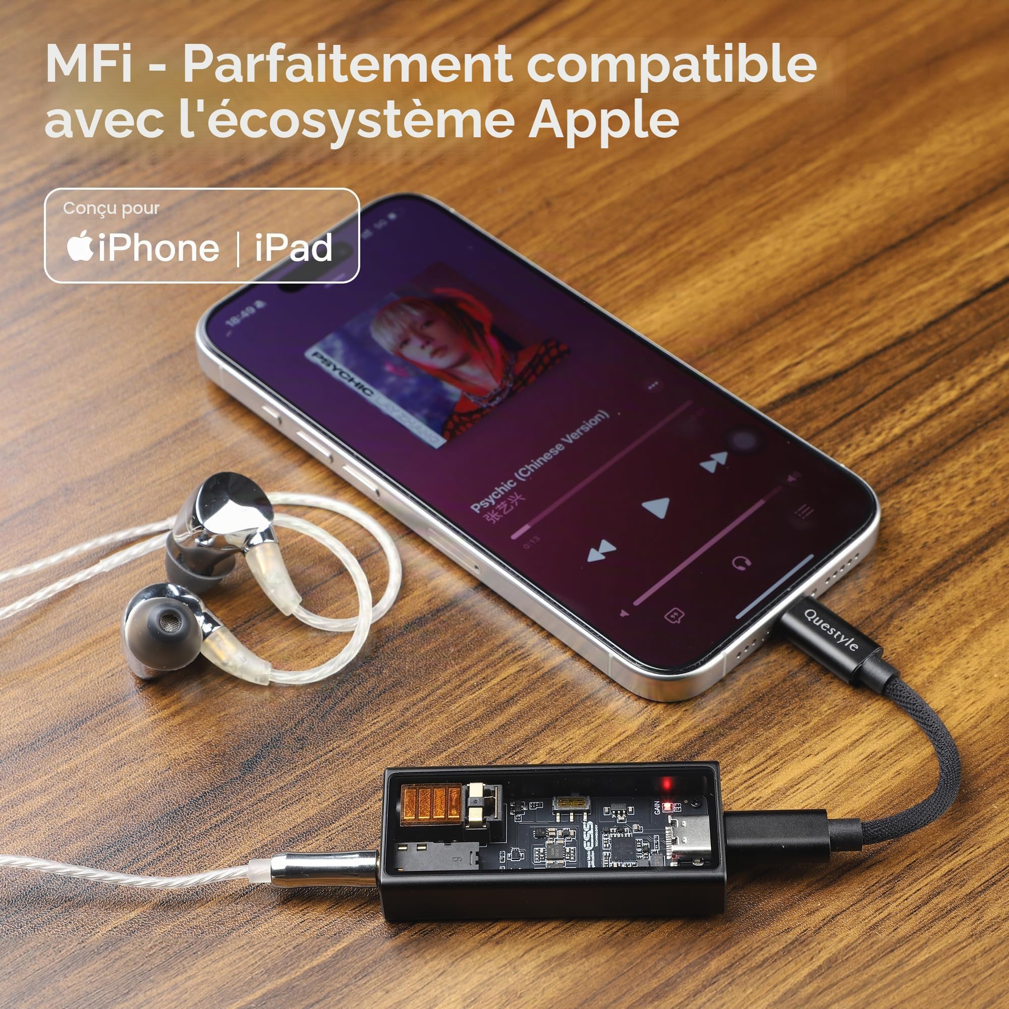 Questyle M15i Amplificateur Casque DAC USB Ampli Portable avec Dual-Jack, Ampli Casque Portable - Certifié Apple MFi, DAC Hi-Res - Faible Bruit, pour iOS/Android/PC