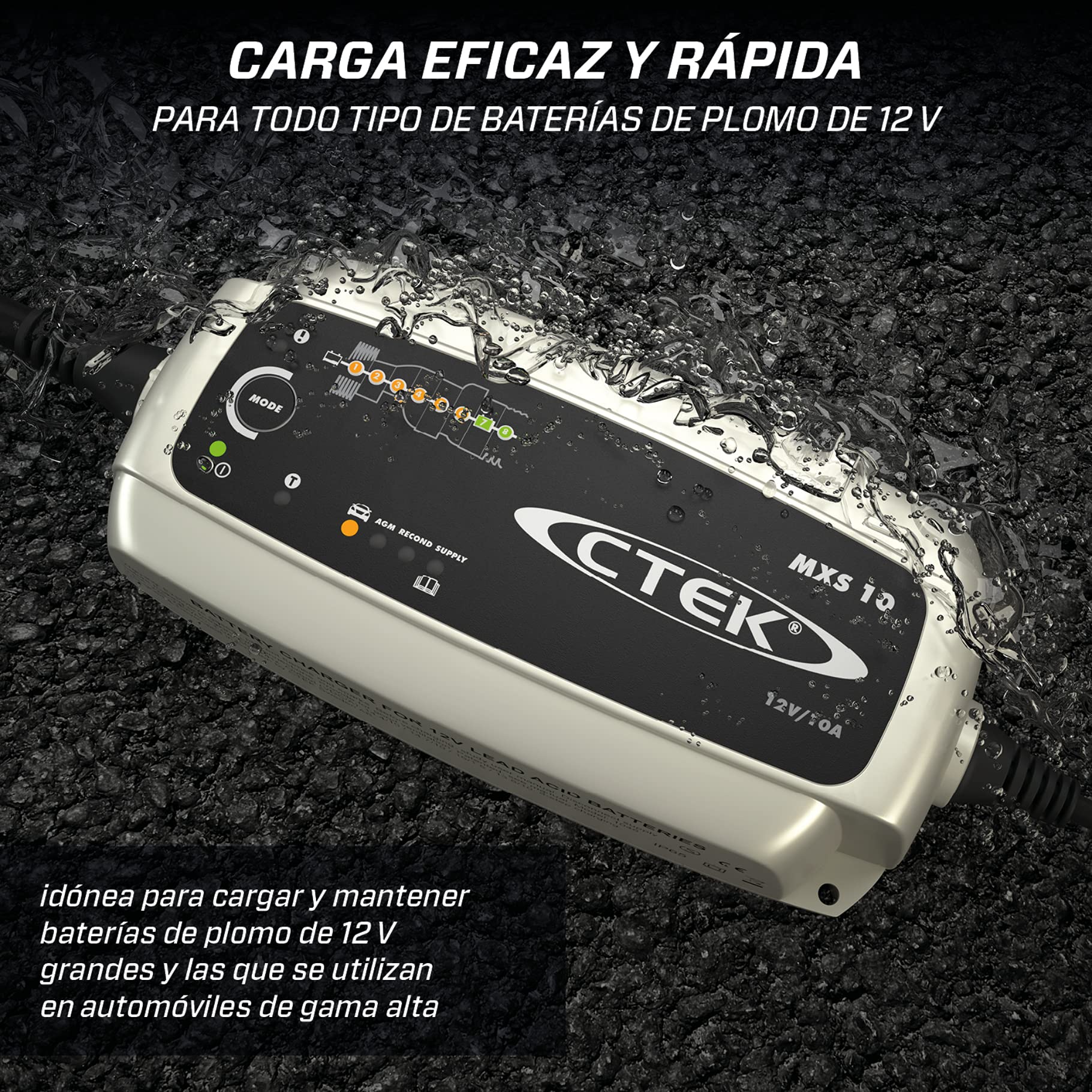 CTEK MXS 10 Cargador Batería 12V 10A, para Baterías De Vehículos Más Grandes, Barco, Camión y Caravana, Desulfatador De Batería con Función De Alimentación Y Opción AGM Dedicada