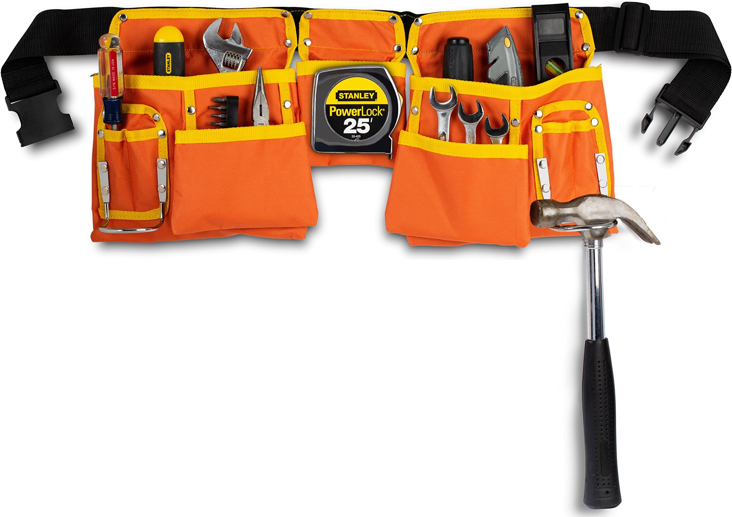 11 Pocket Orange and Yellow Heavy Duty Construction Tool Belt, Work Apron, Tool Pouch, with Adjustable Poly Web Belt Quick Release Buckle