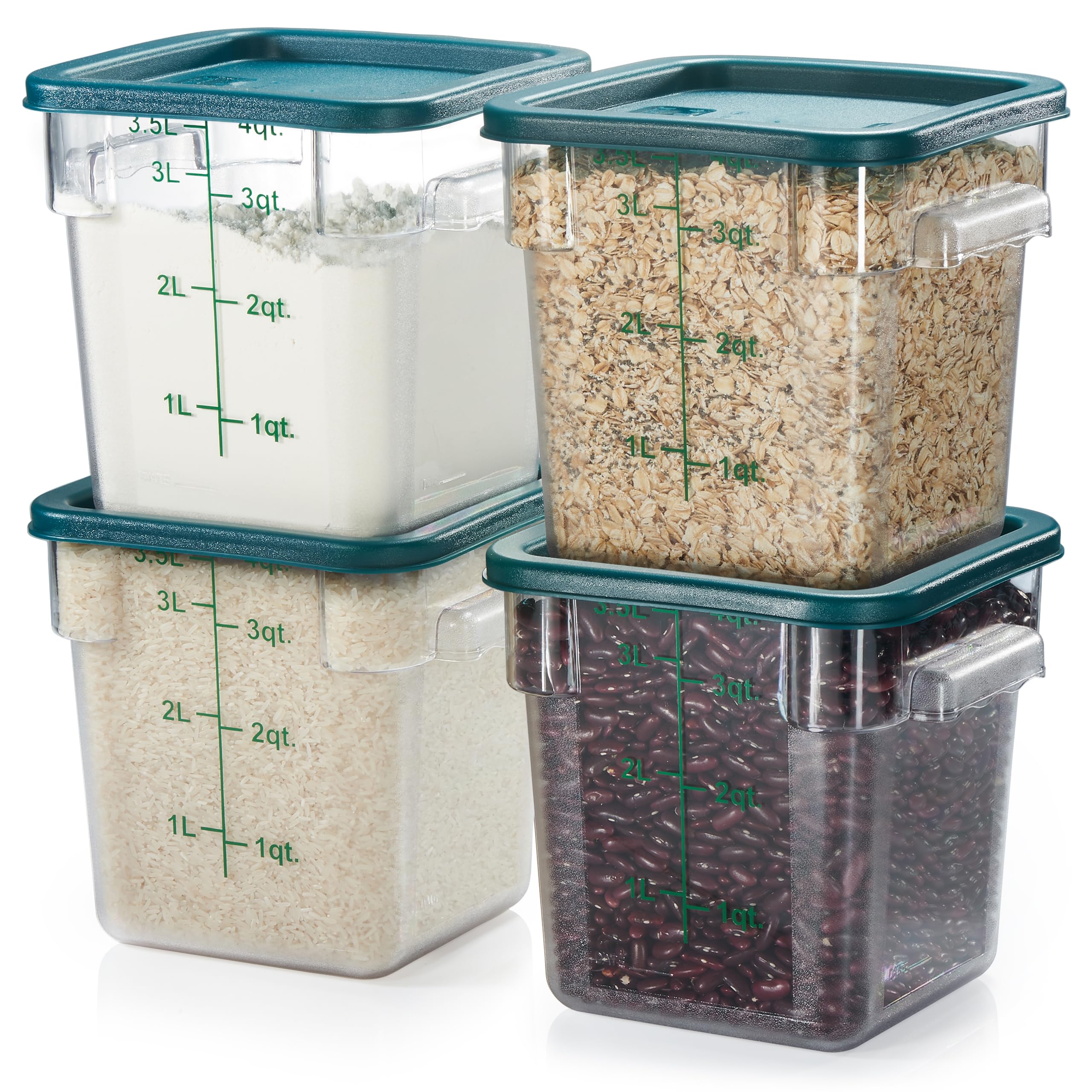 Set 4 Contenitori Per Alimenti Quadrati Con Coperchio: Trasparenti Con Manico E Bilancia Graduata – Perfetti Per Cucina E Dispensa (6 Qt, Verde)