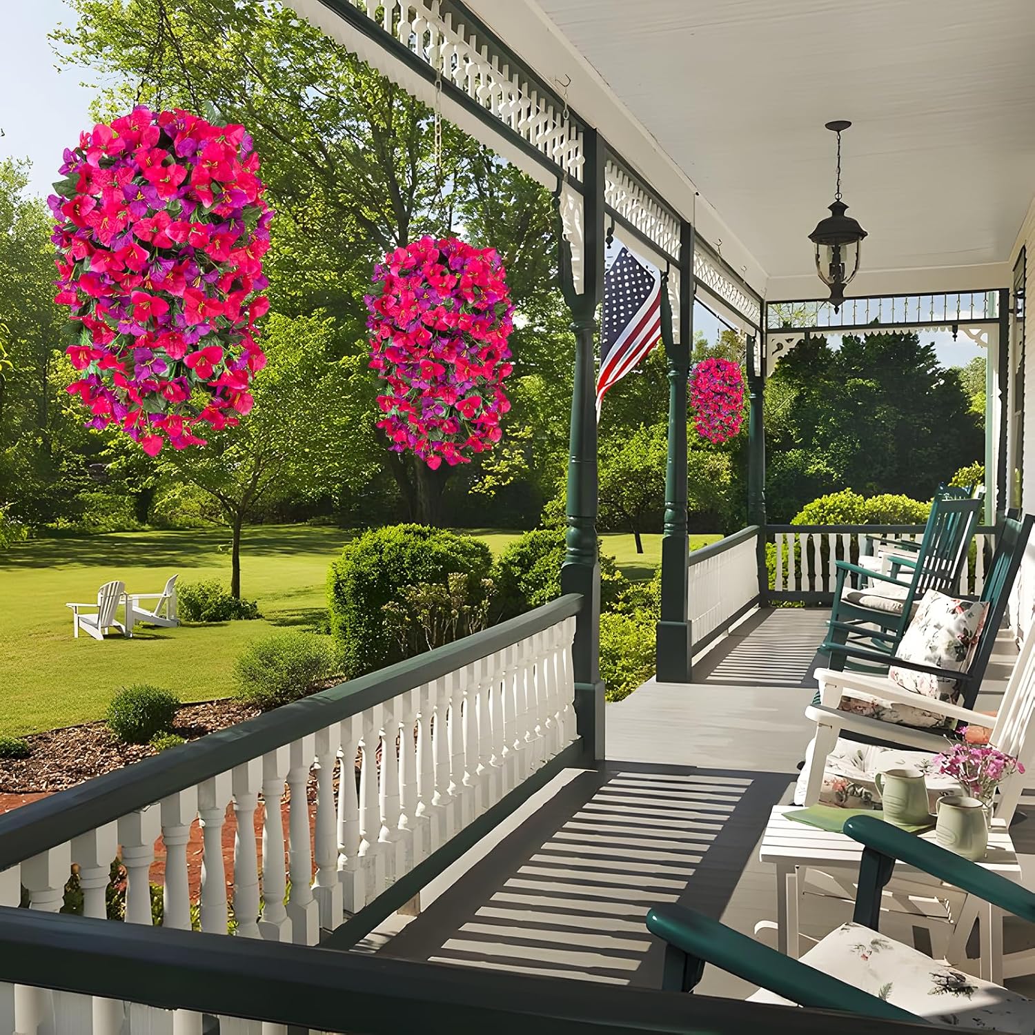 2 pcs Artificial Faux Bougainvillea Flowers Plants for Outdoor Outside Summer Decoration, Fake Silk UV Resistant Long Trailing Vines for Front Door Porch Planter Balcony (Rose Deep Lotus) - Image 4