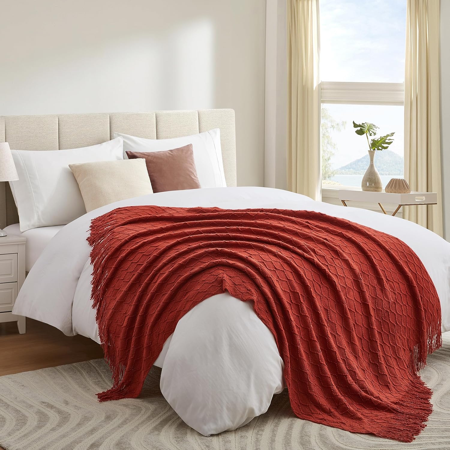 Acrylic Knitted Throw Blanket, Lightweight and Soft Cozy Decorative Woven Blanket with Tassels for Couch, Bed, Sofa, Travel, Suitable for All Seasons, 50 x 60 Inches, Rust - Image 4