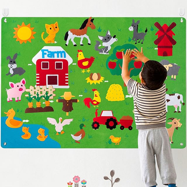 WATINC Felt Farm Story Board Set 3.5Ft 38Pcs Preschool Domestic Animals Storytelling Flannel Board Livestock Early Learning Play Kit Educational Hanging Teaching Toys Birthday Gift for Toddlers