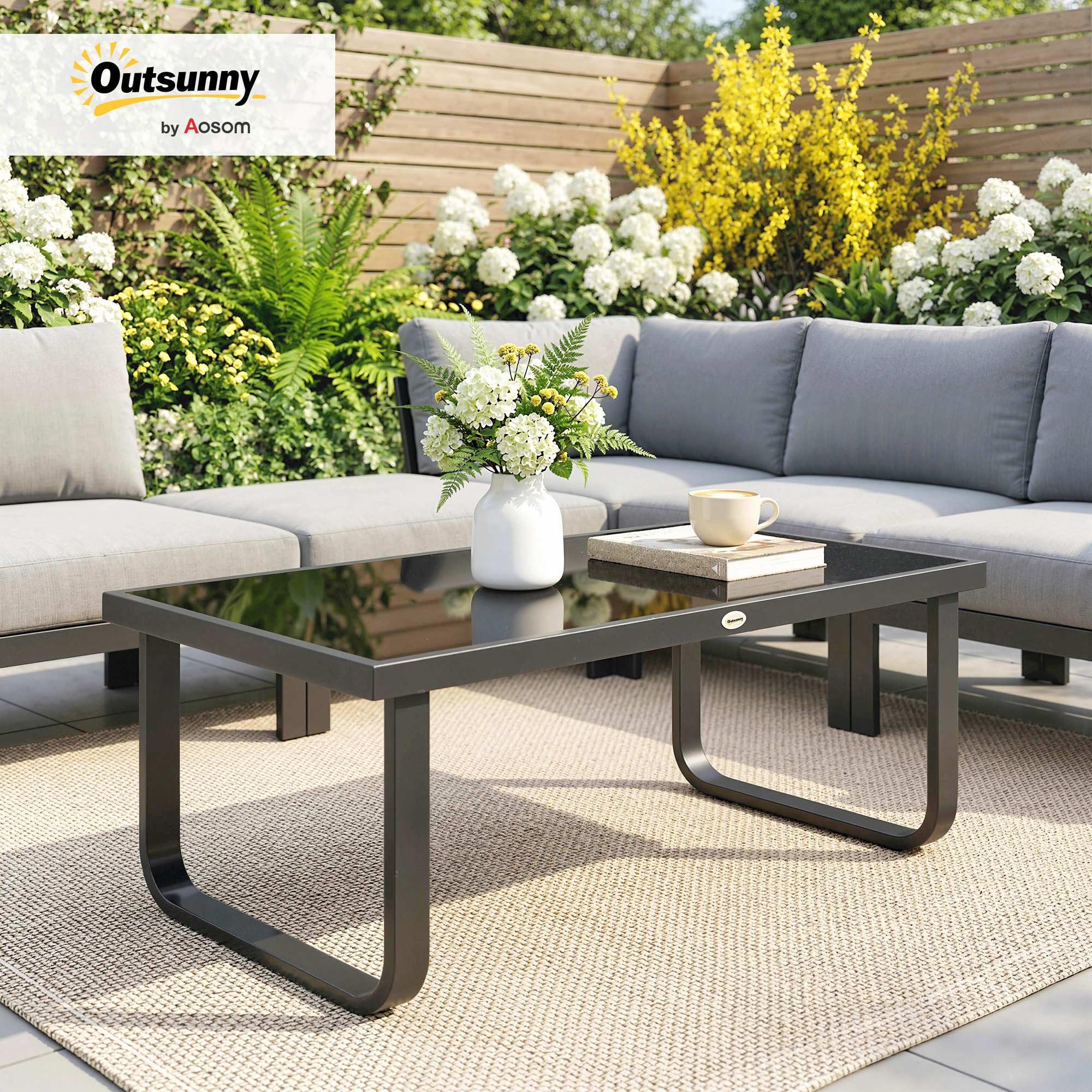 Outsunny Metal Garden Coffee Table, Outdoor Rectangle Side Table with Tempered Glass Tabletop and Adjustable Foot Pads for Terrace, Balcony, Patio, 90 x 45 x 33 cm, Black - 3