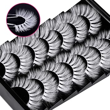 Natural Fluffy Eyes Mink Lashes With Glue-Clear Band Russian Strip Eyelashes-Natural Look False Eyelash Extension-D Curly 7 Pairs Pack