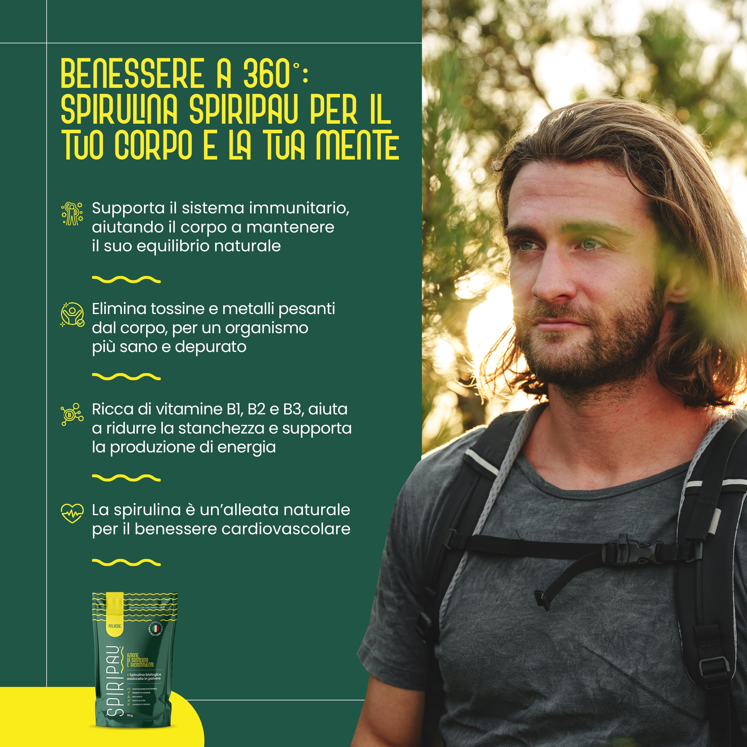 Spiripau Spirulina Bio Italiana in Polvere 50gr - Superfood Naturale - 100% Made in Italy - Azione Ricostituente - Prodotto Vegano, Senza Glutine, Biologico - Lavorato a Freddo