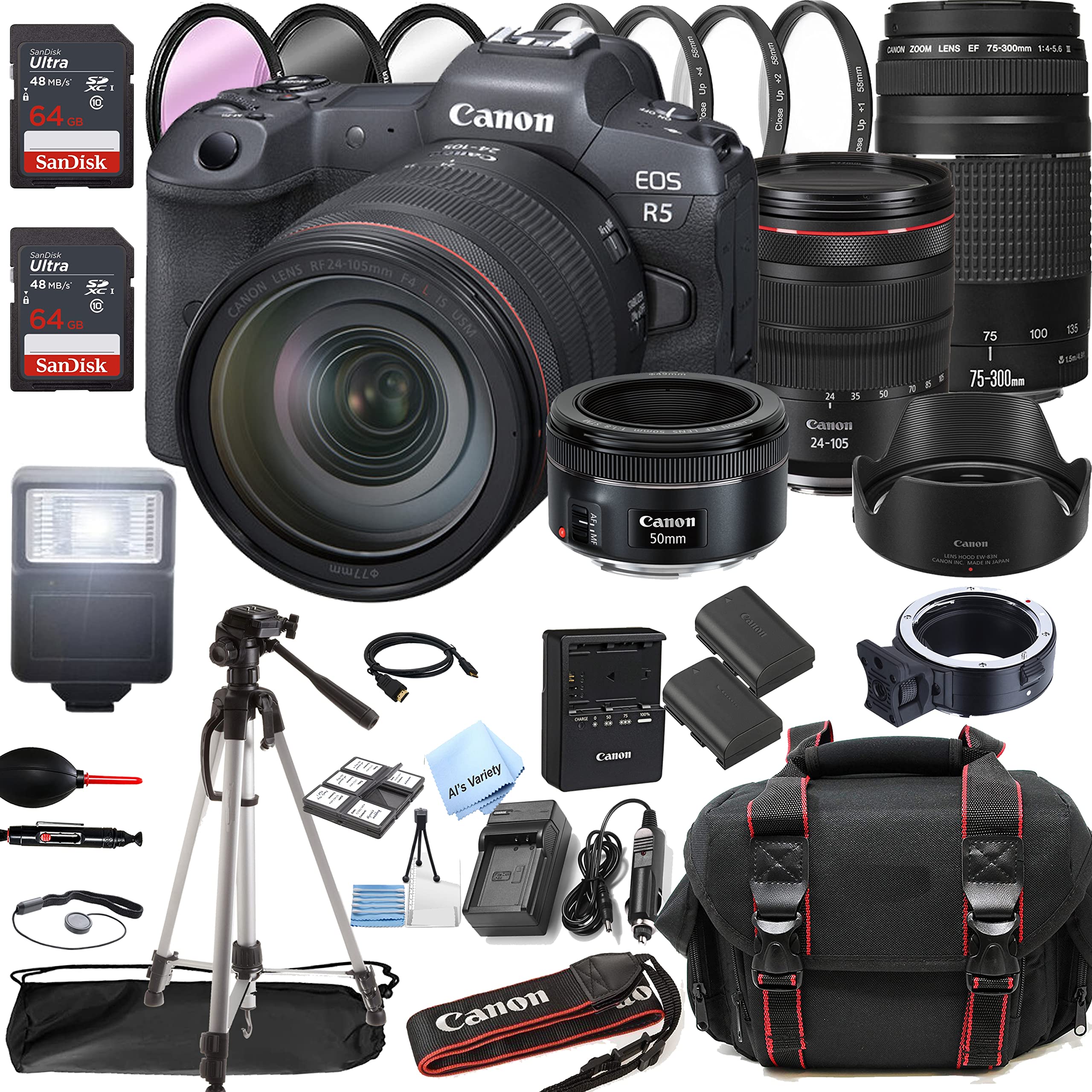 Canon EOS R5 Mirrorless Digital Camera with RF 24-105mm f/4 L is USM Lens + 75-300mm F/4-5.6 III Lens + 50mm f/1.8 STM Lens + 128GB Memory + Case + Tripod + Filters (43pc Bundle)